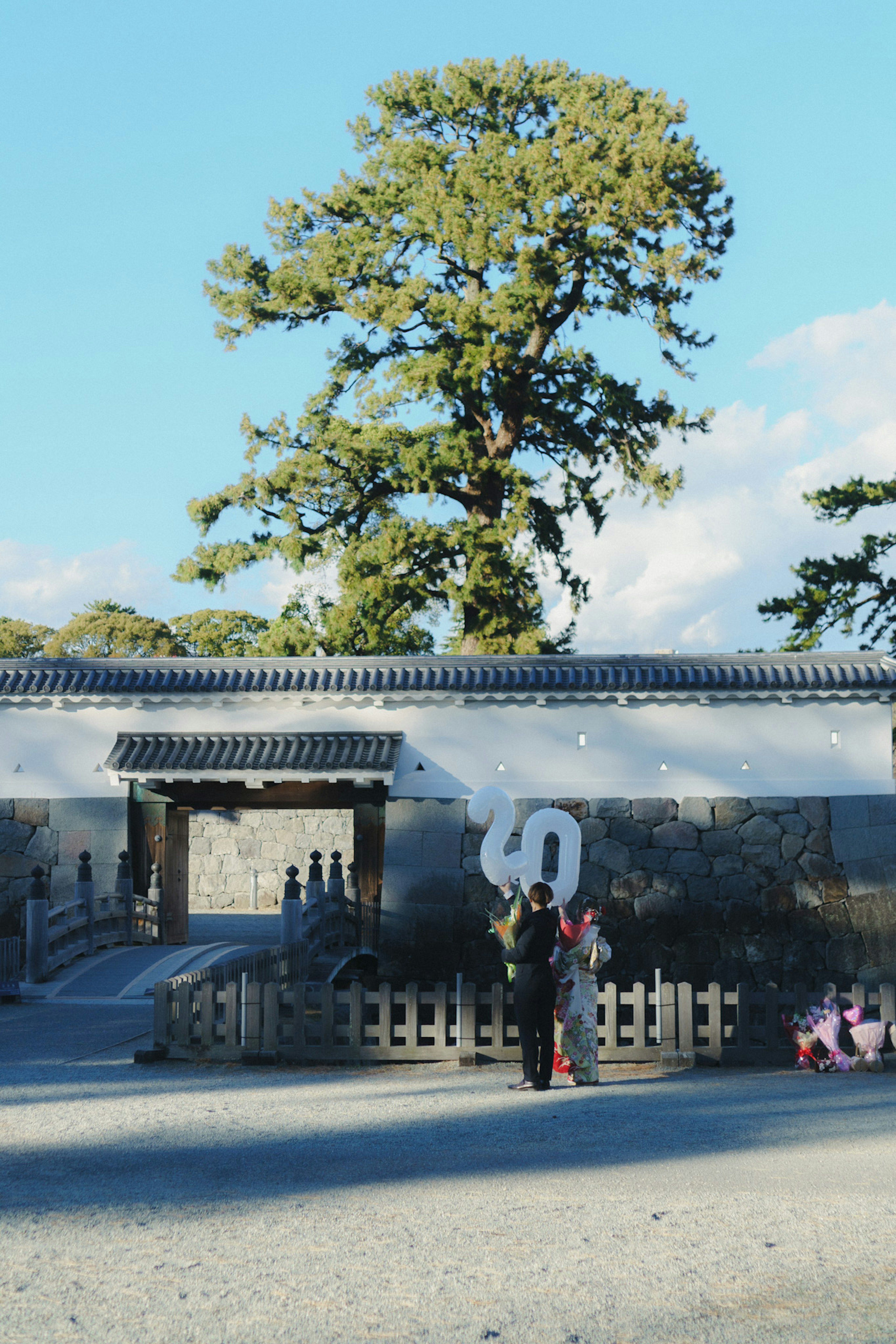 Person standing in front of a traditional building and a large tree under a blue sky