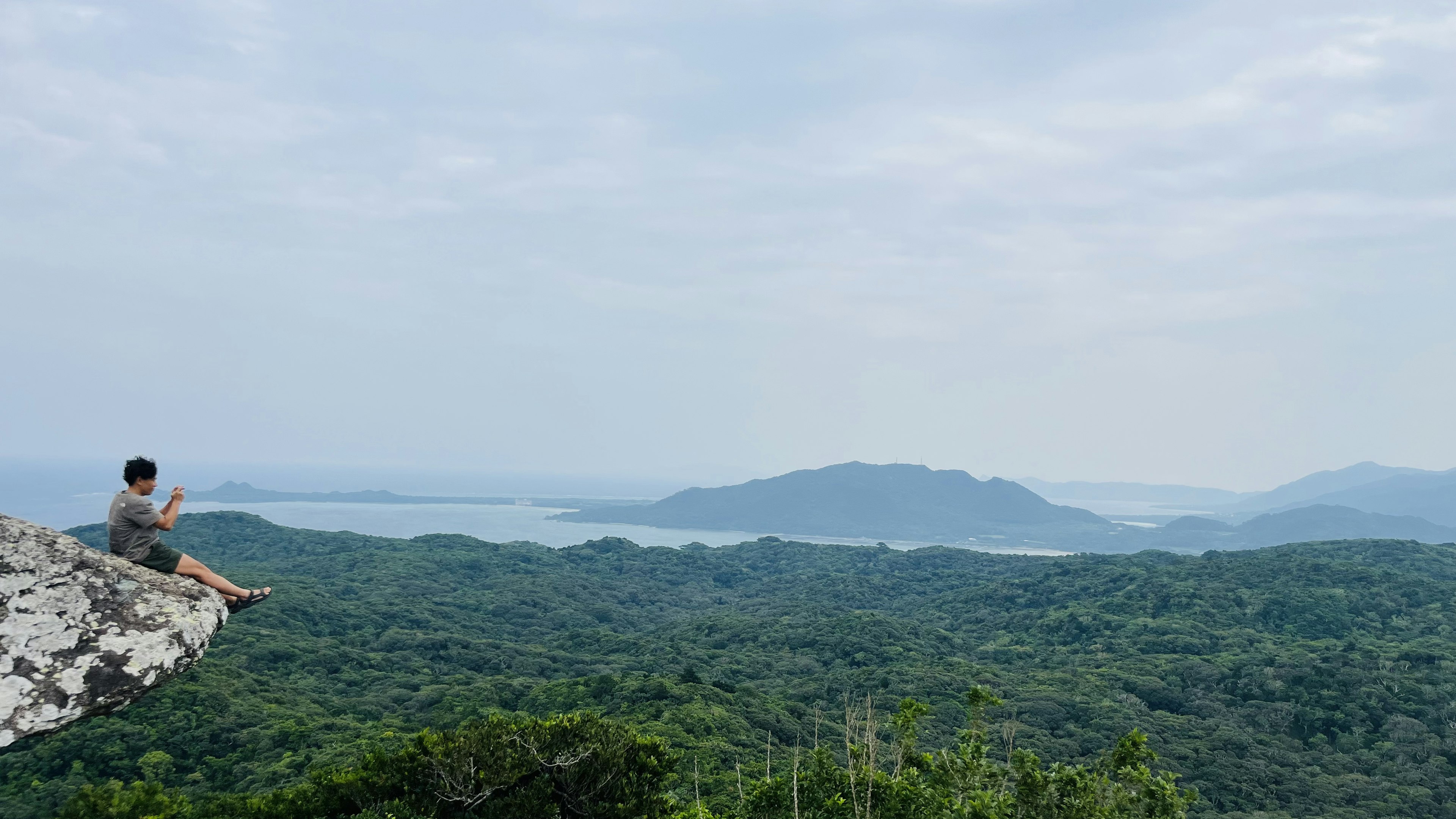 緑豊かな山々と湖を望む崖に座る人物