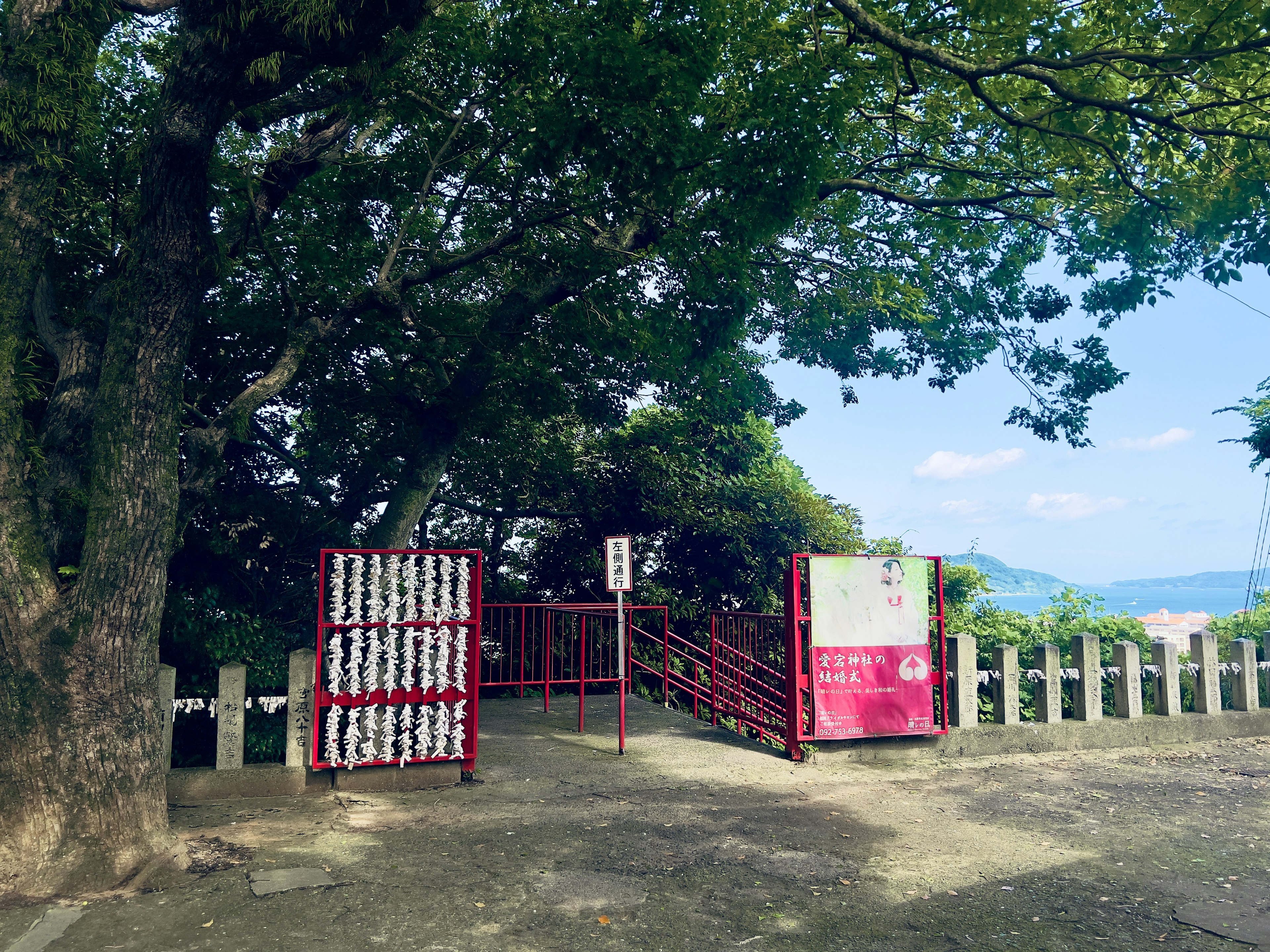 Pintu masuk taman dengan gerbang merah dan pohon hijau subur