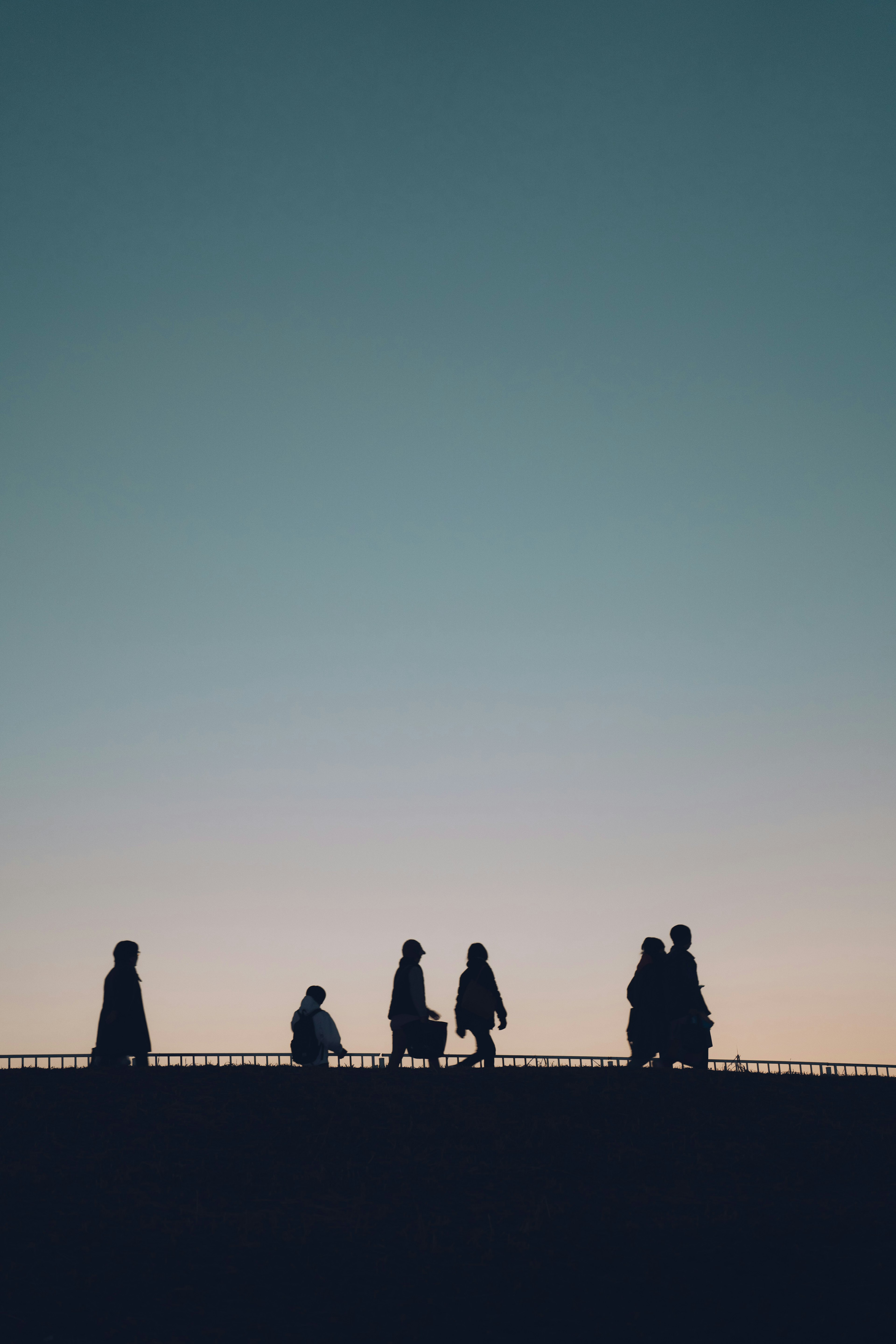 Silhouettes of people walking against a twilight sky