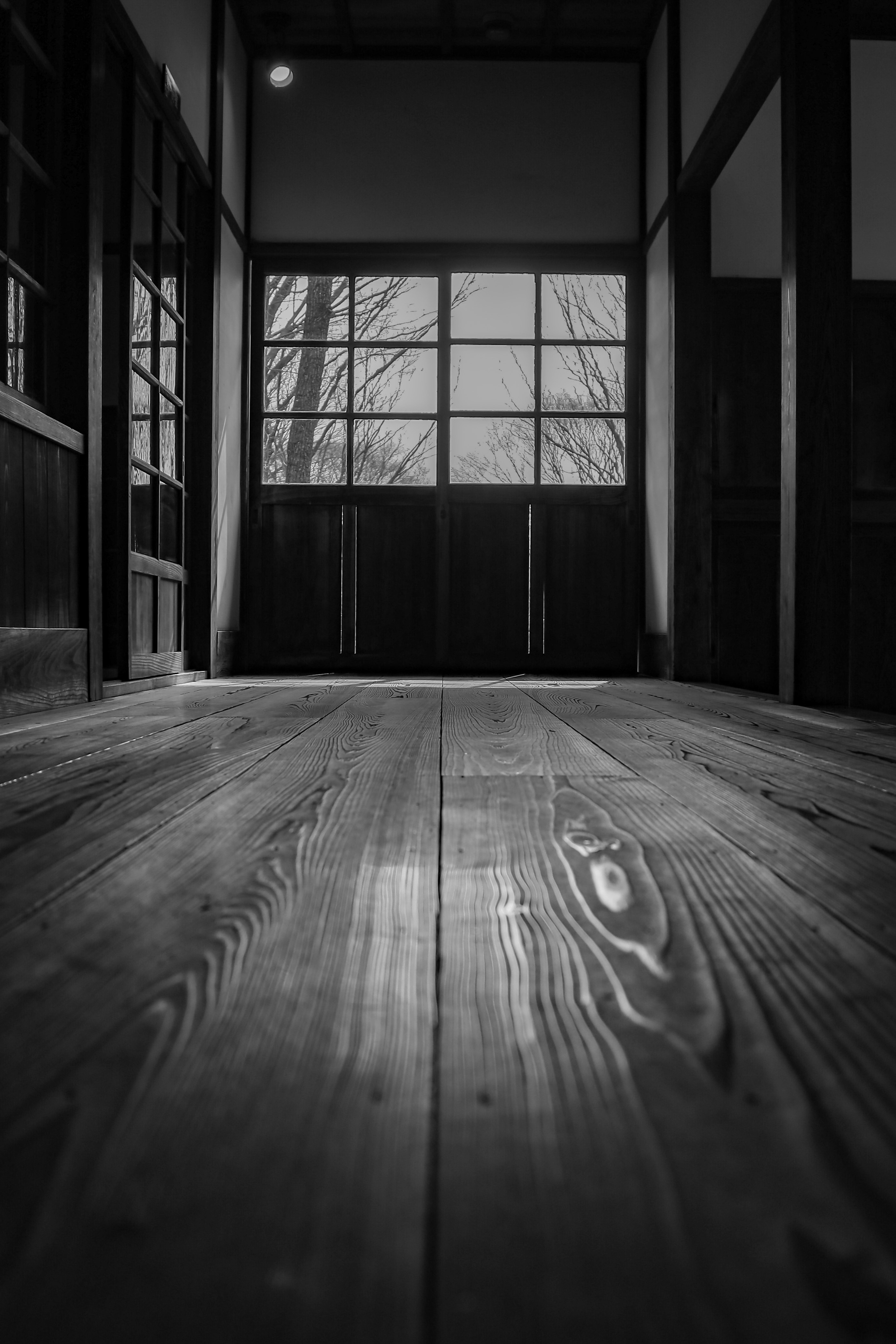 Innenansicht mit Holzboden und natürlichem Licht, das durch die Fenster fällt