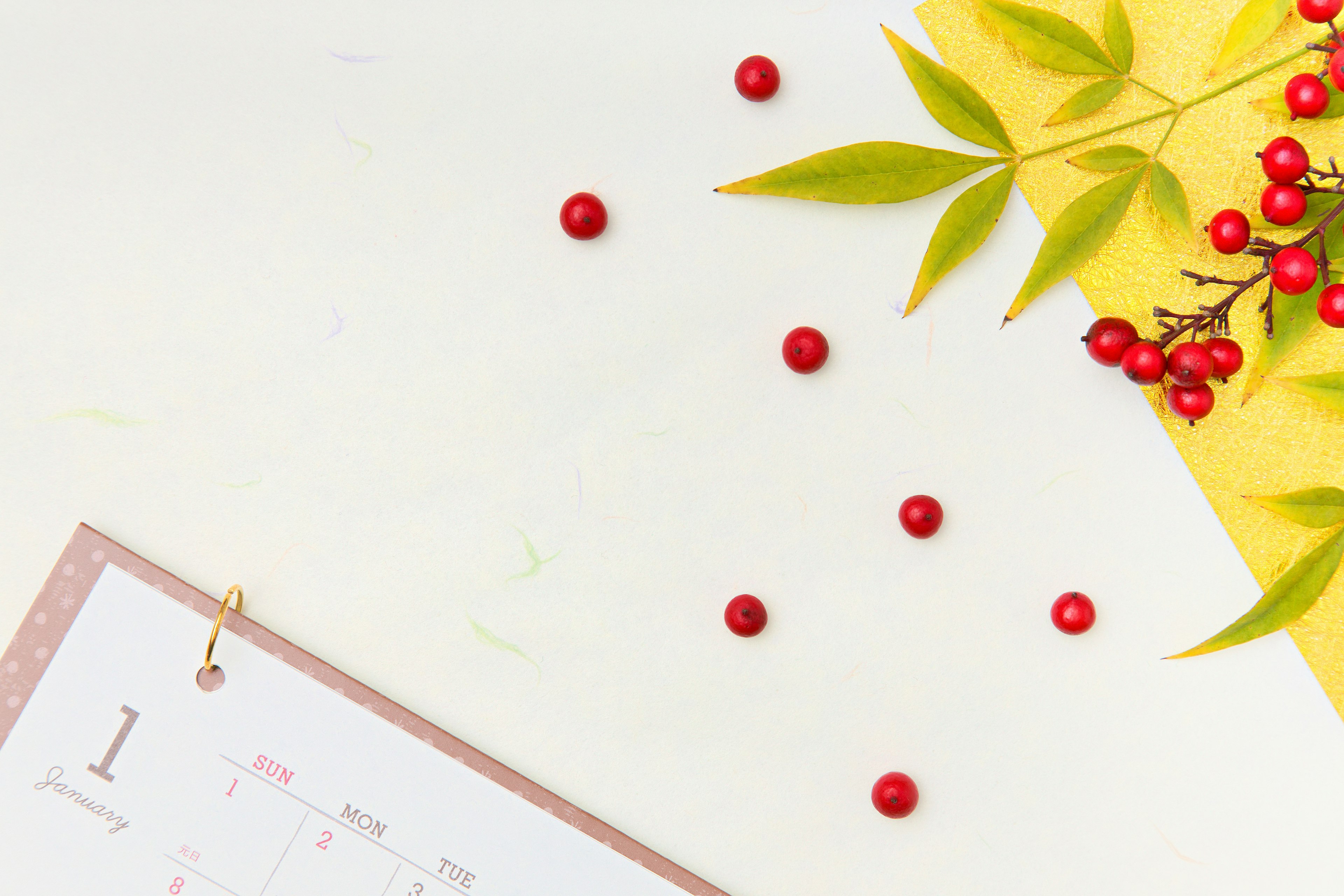 Calendrier avec des baies rouges et des feuilles vertes éparpillées sur un fond blanc