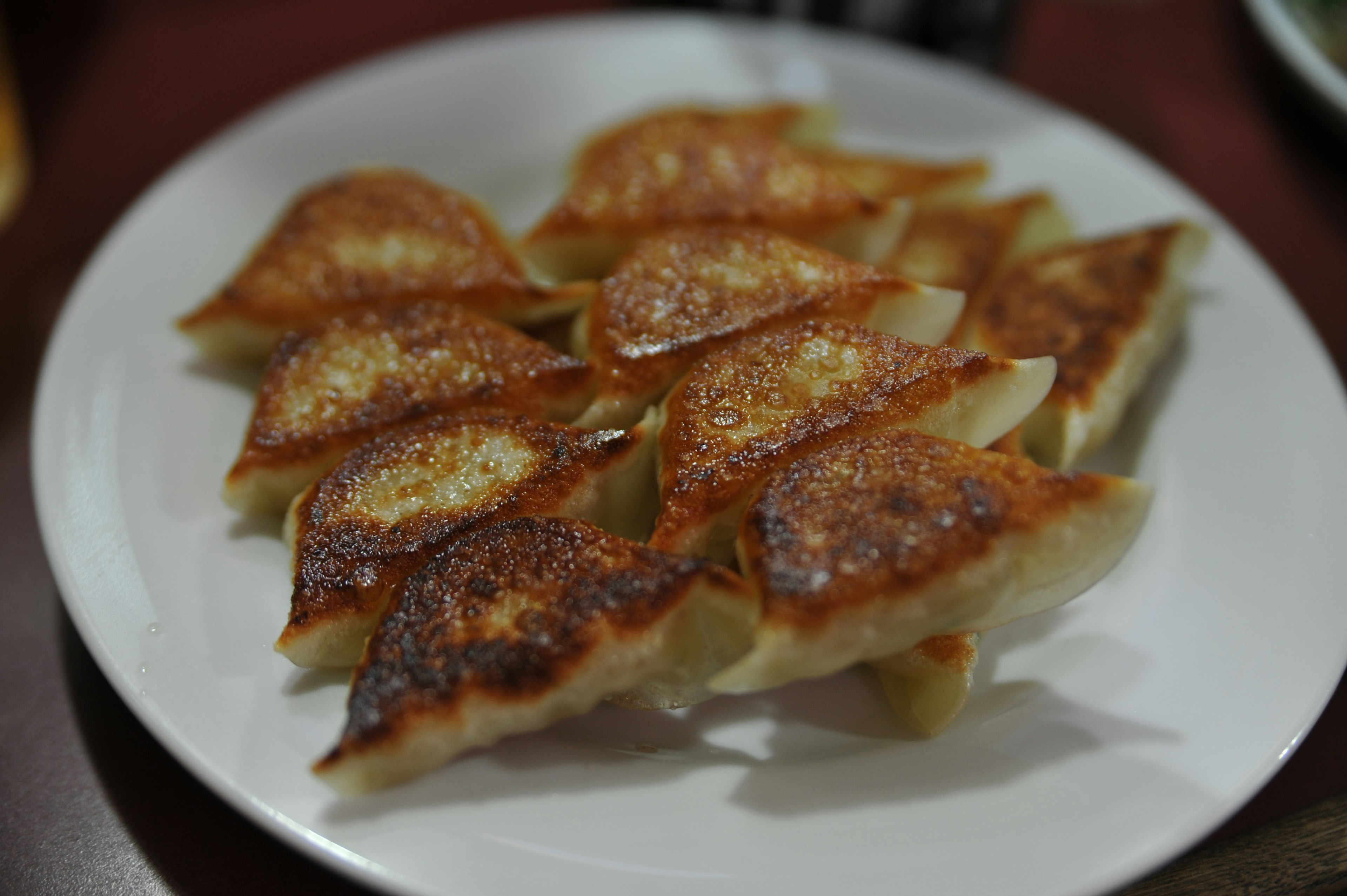 A plate of golden-brown fried dumplings arranged neatly