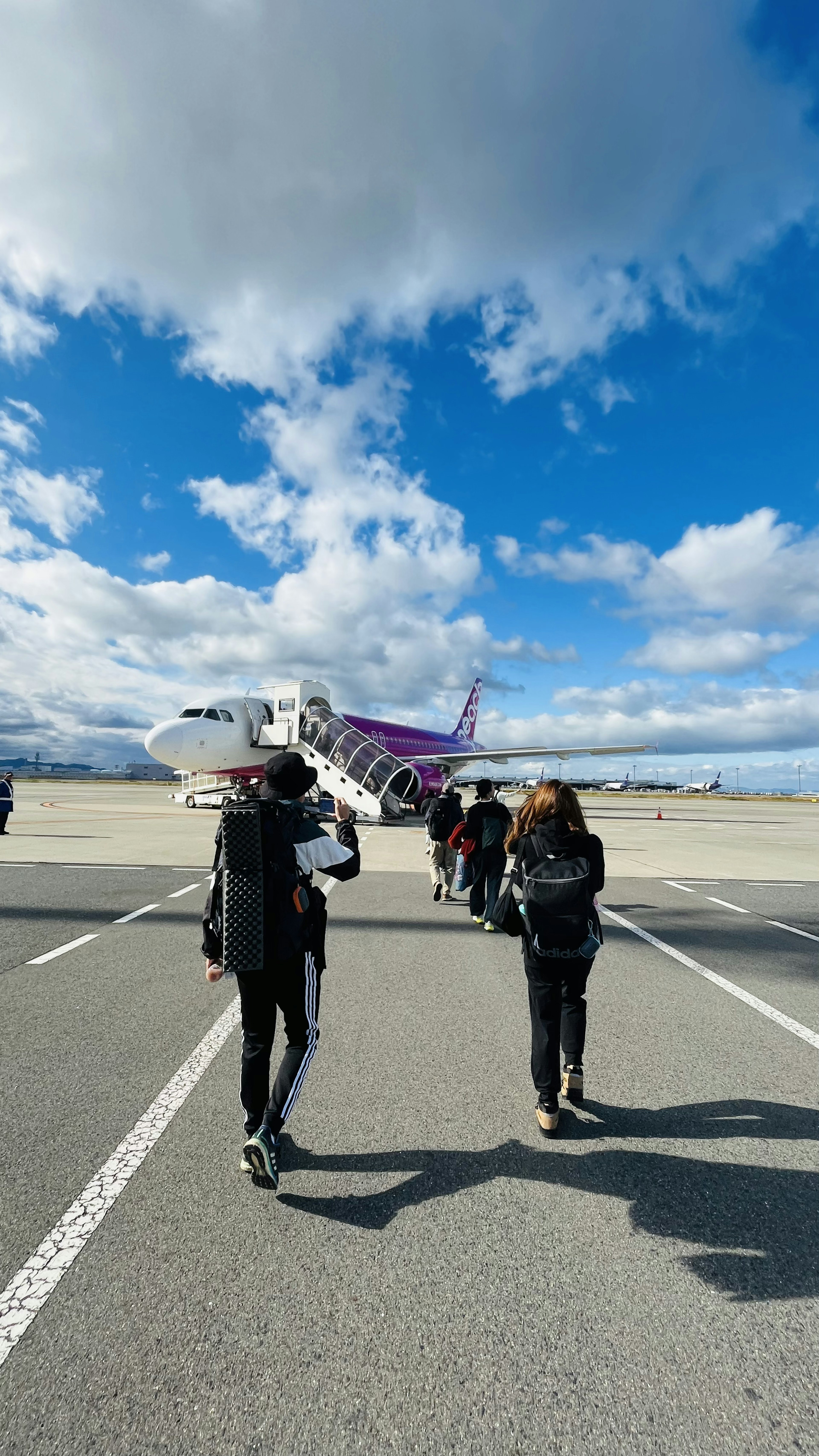 紫色の飛行機に向かう乗客たちが並んで歩いている空港の風景