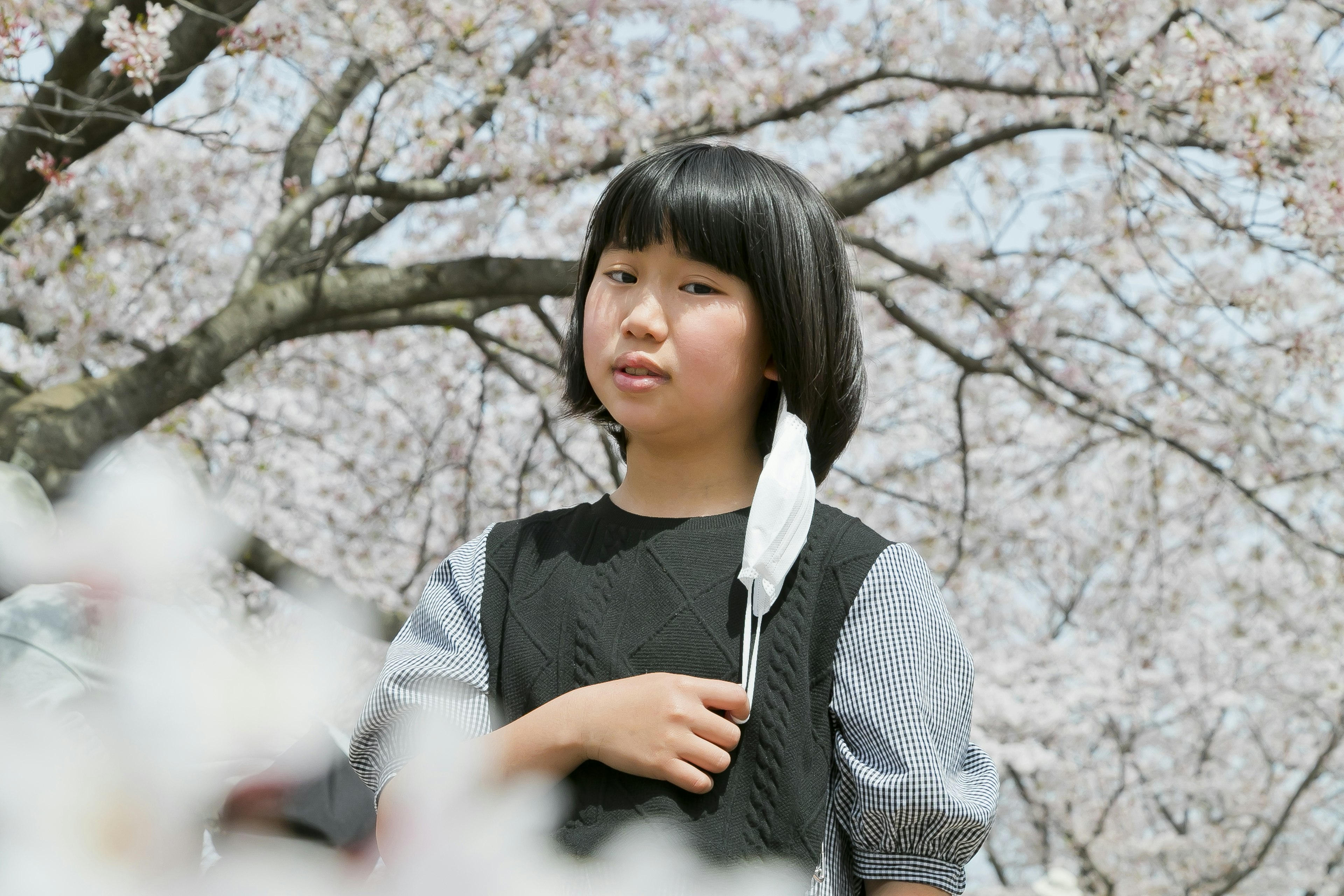 A girl standing under a cherry blossom tree wearing a black dress holding a white feather