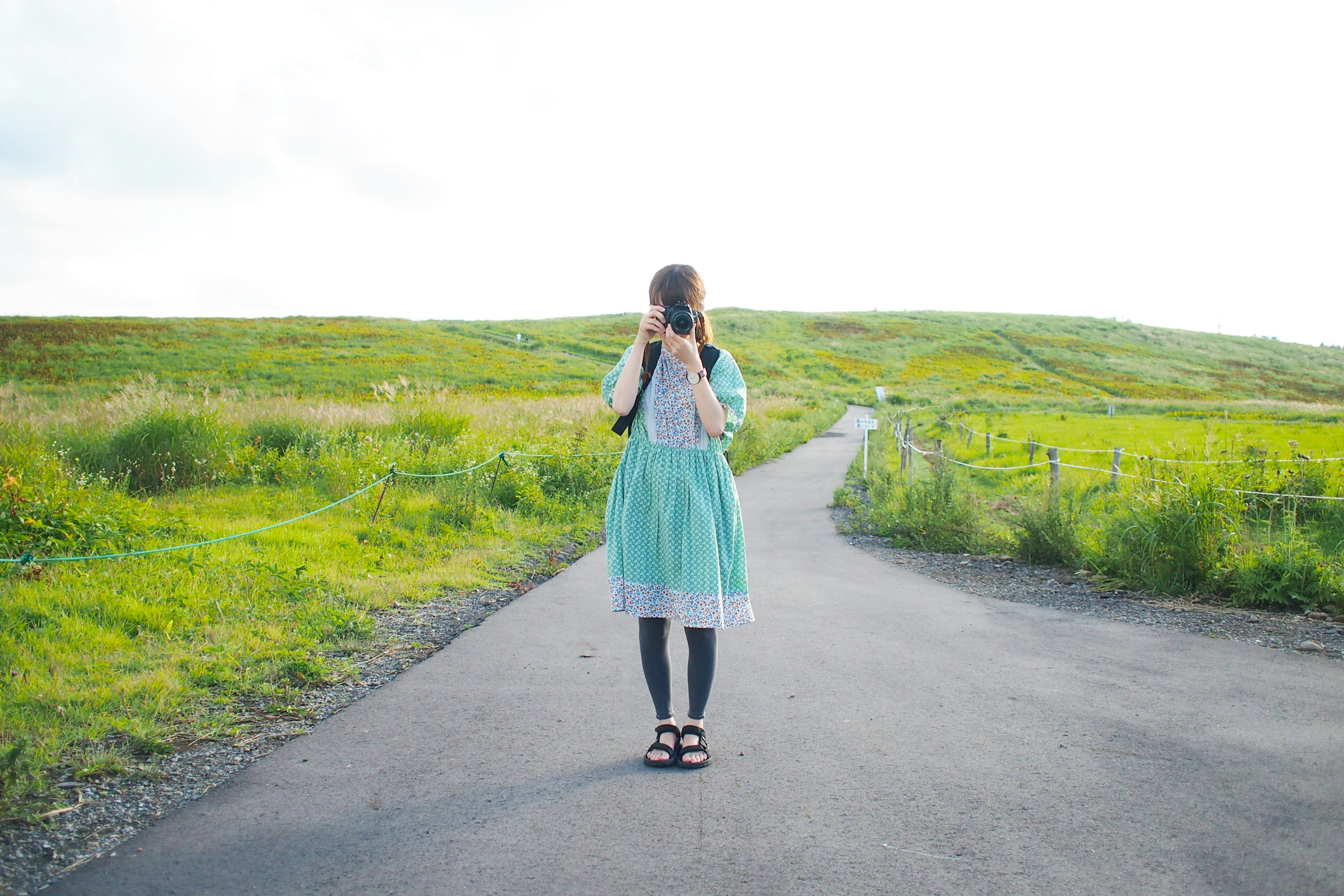 Une femme debout sur une route dans une prairie verte tenant un appareil photo