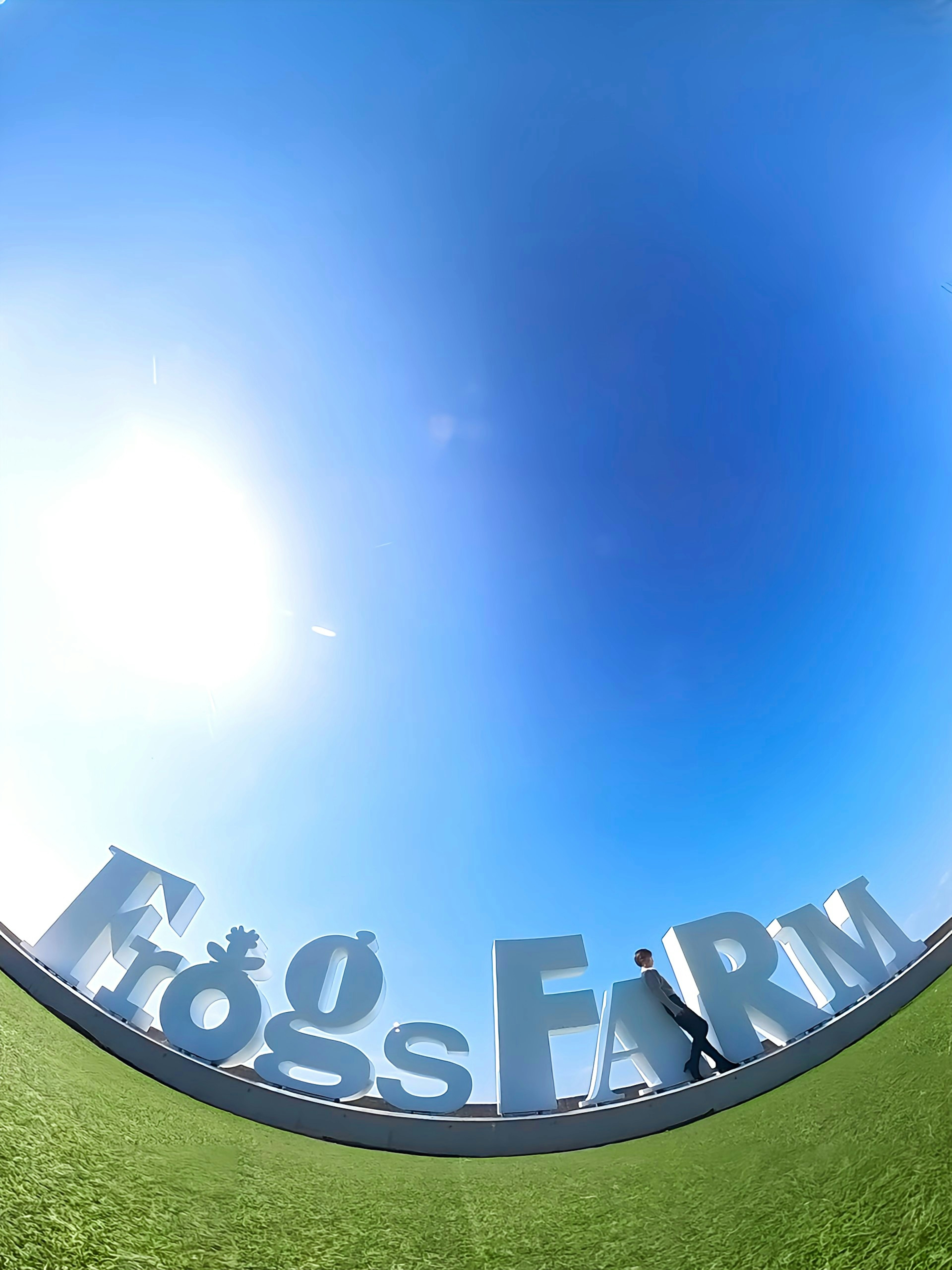 Un paisaje con grandes letras blancas que dicen 'Frogs FARM' bajo un cielo azul