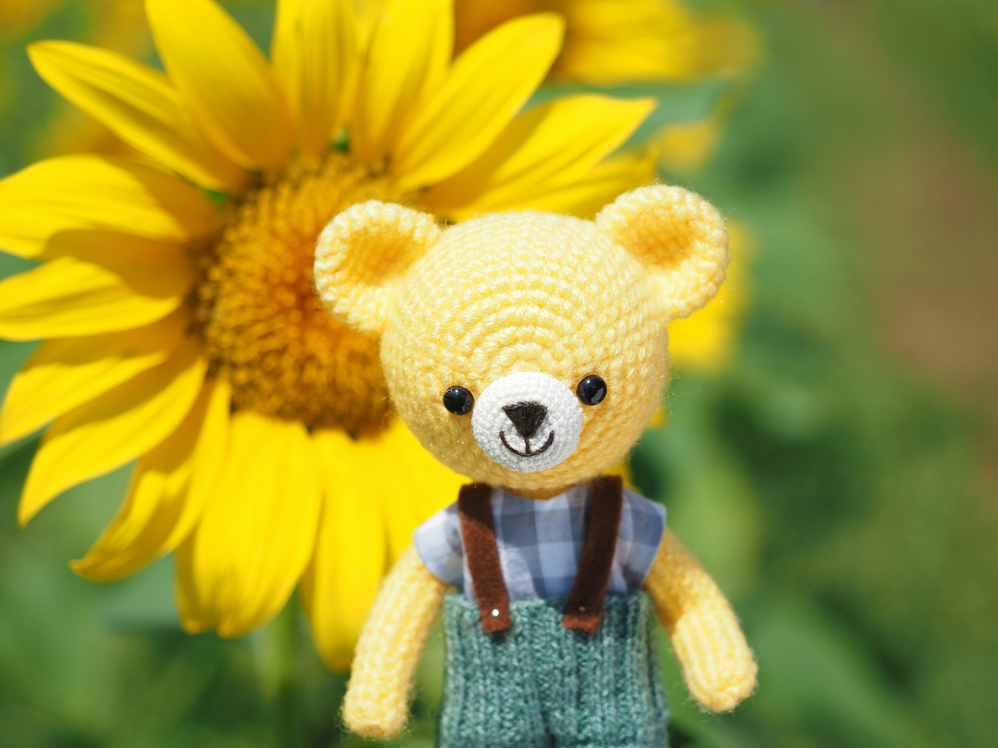 A yellow teddy bear doll stands in front of a sunflower