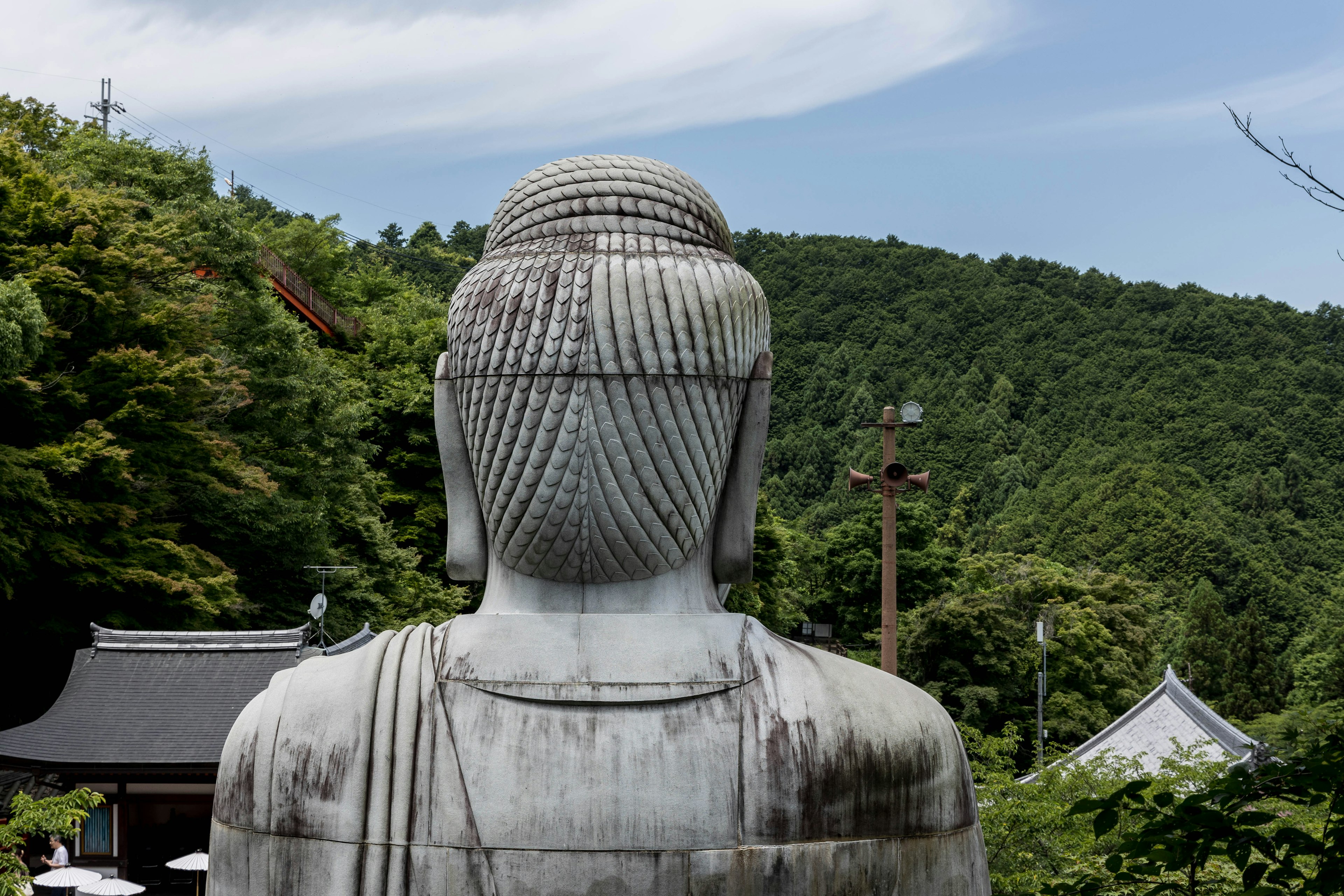 Pemandangan belakang patung Buddha besar dengan latar belakang pegunungan hijau