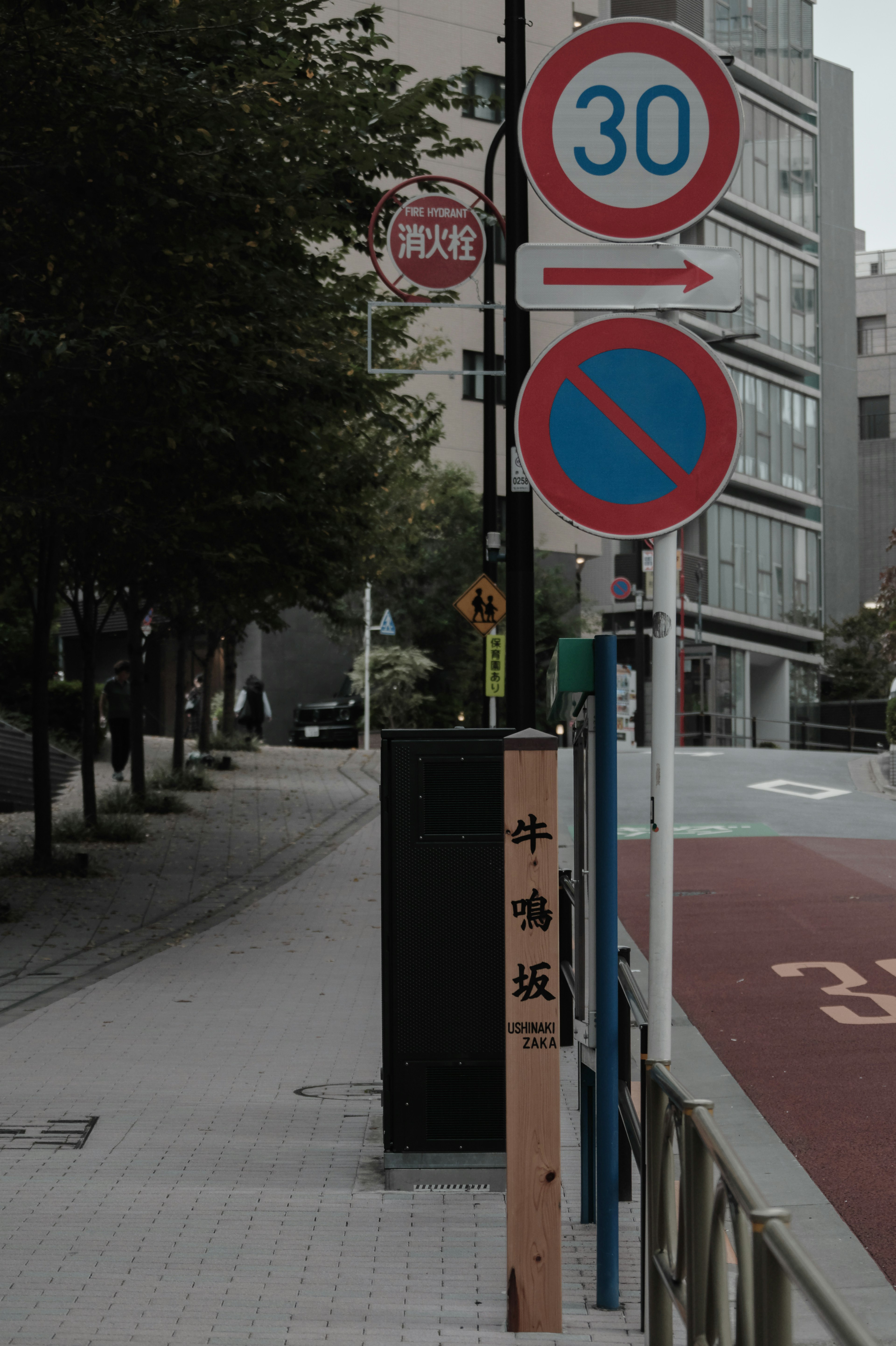 Escena callejera con señales de tráfico que incluyen un límite de velocidad de 30 km/h y un letrero de no estacionar