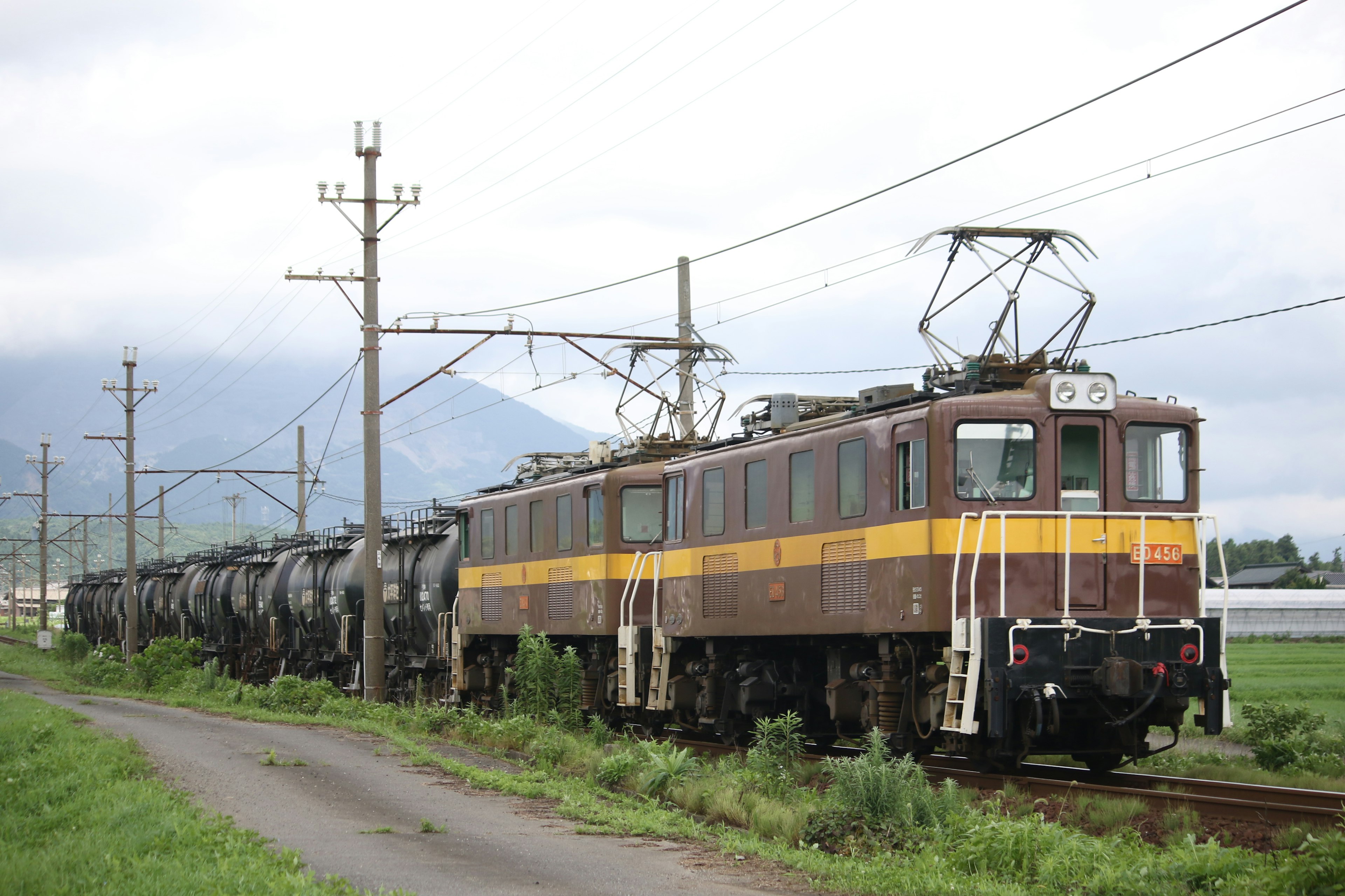 茶色と黄色の電気機関車が茶色の貨車を引いている風景