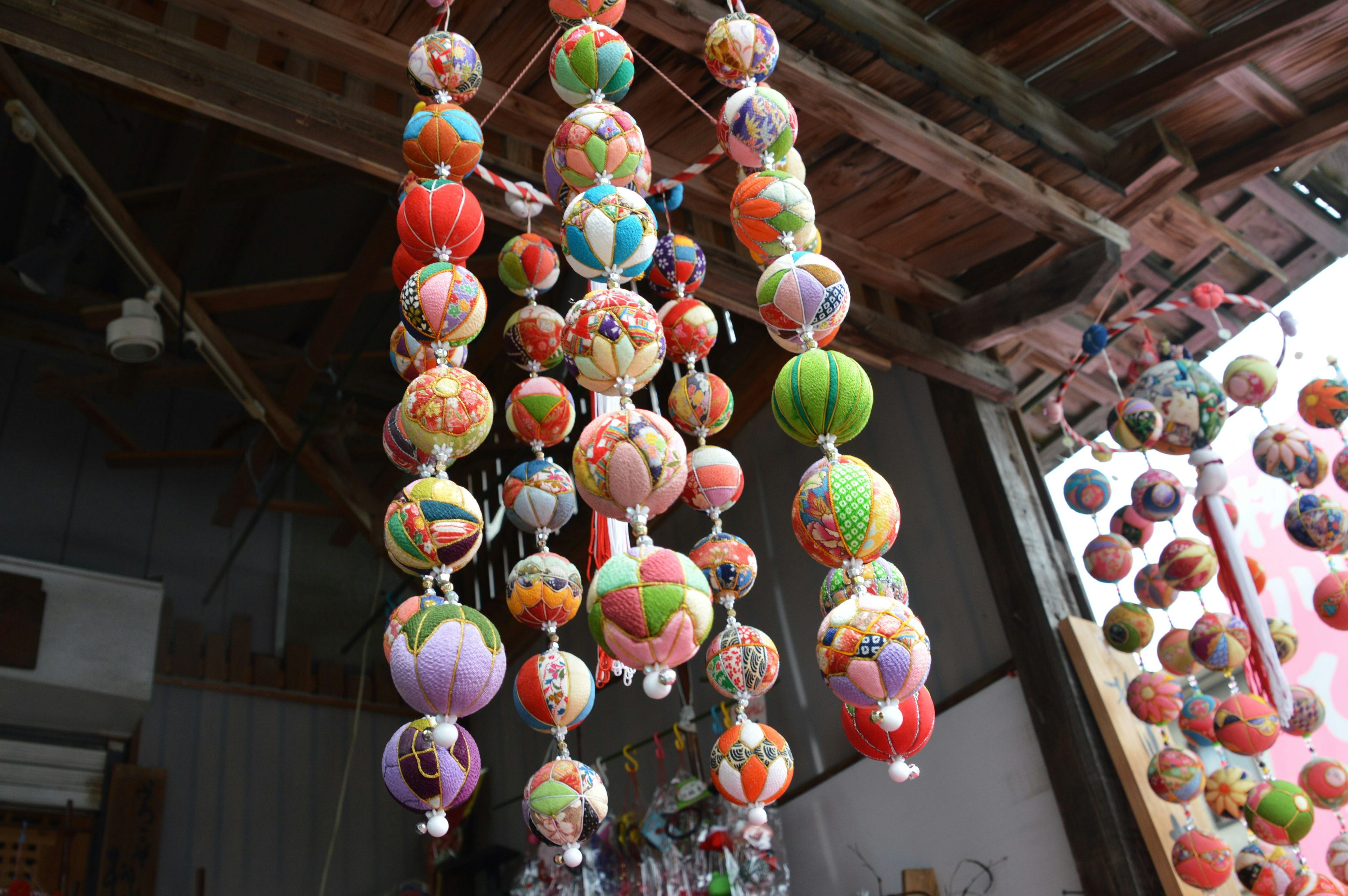 Colorful decorative balls hanging in an indoor space