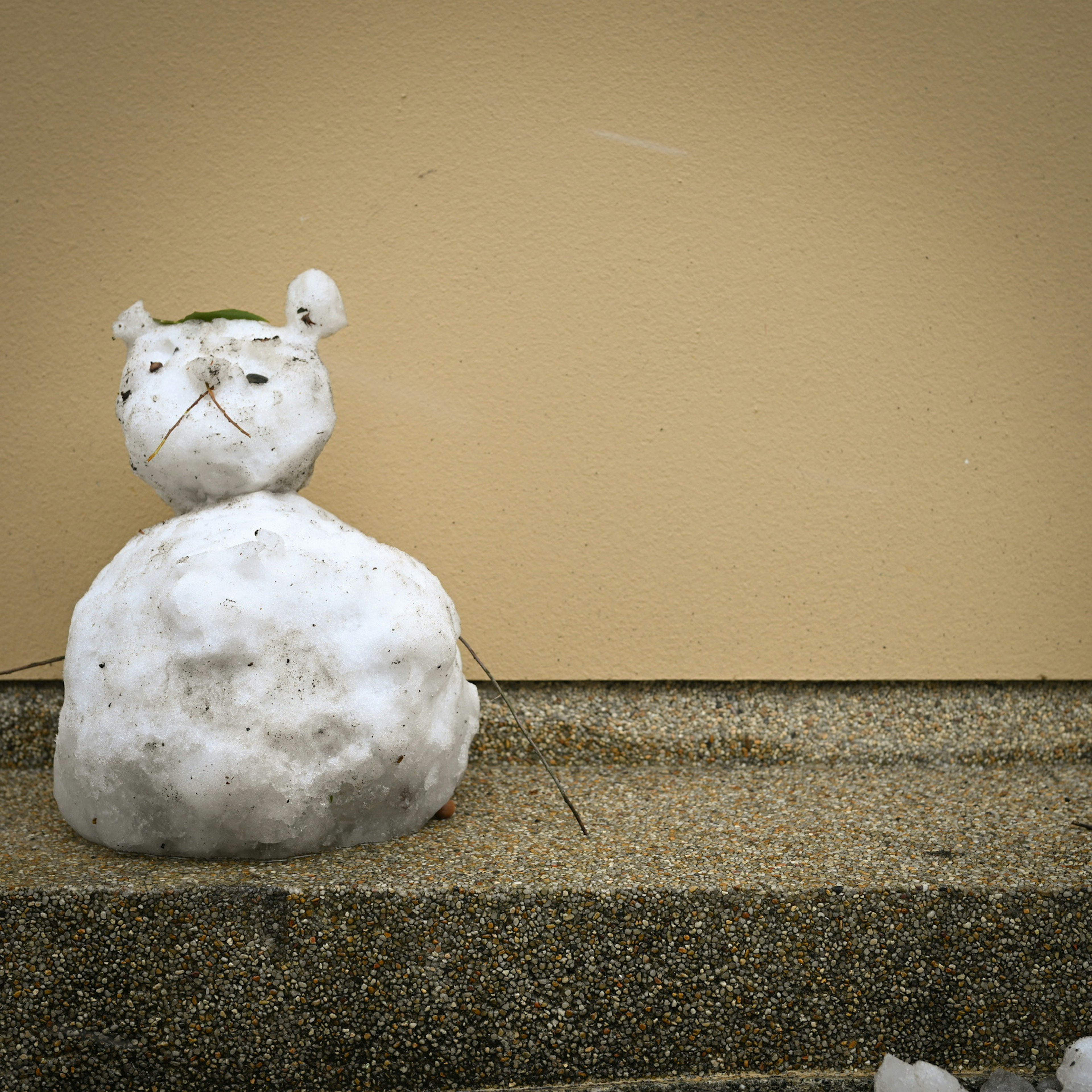 Une figure en neige en forme d'ours assise sur des escaliers