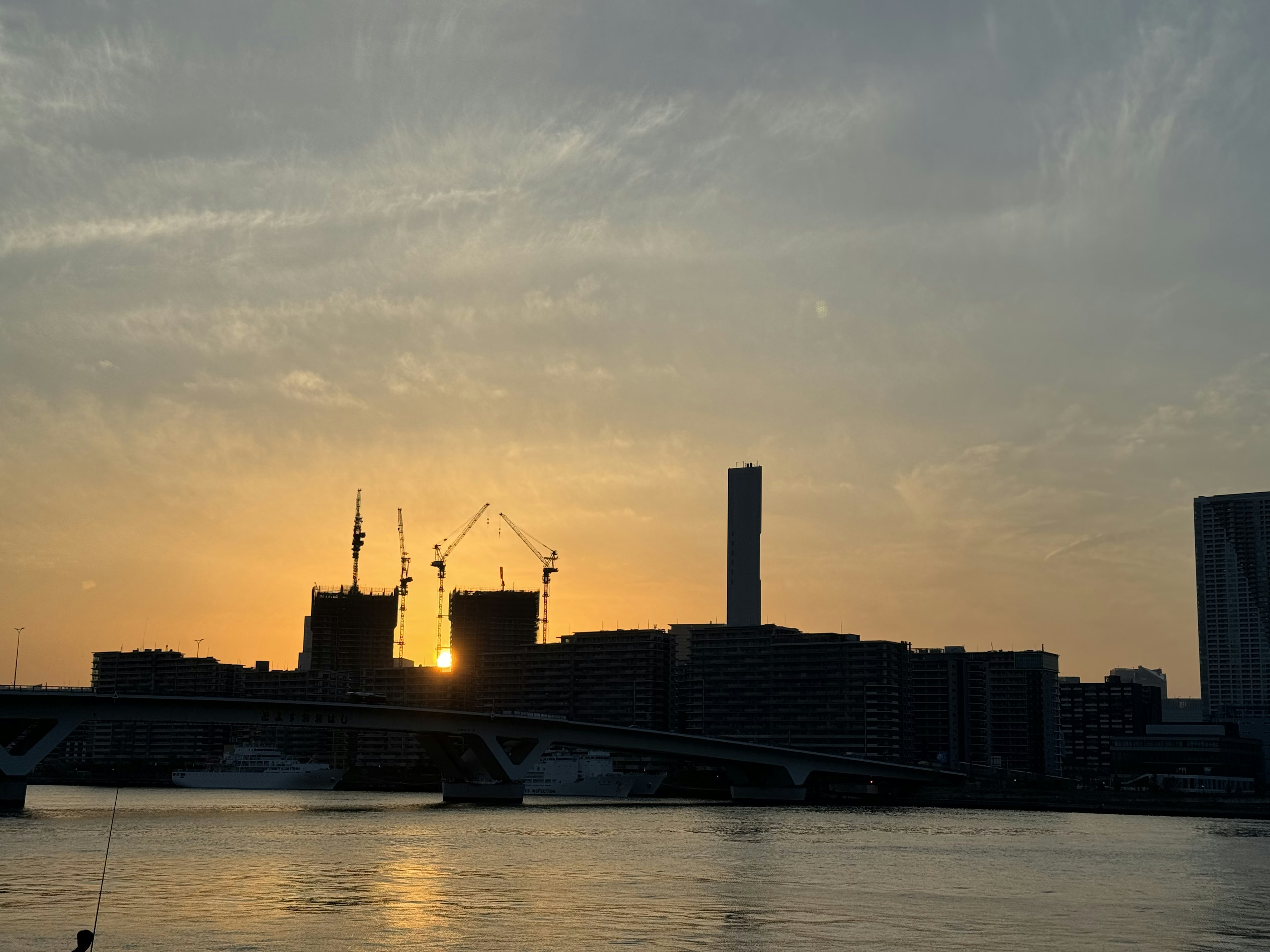 Silhouette di una città al tramonto con gru edili