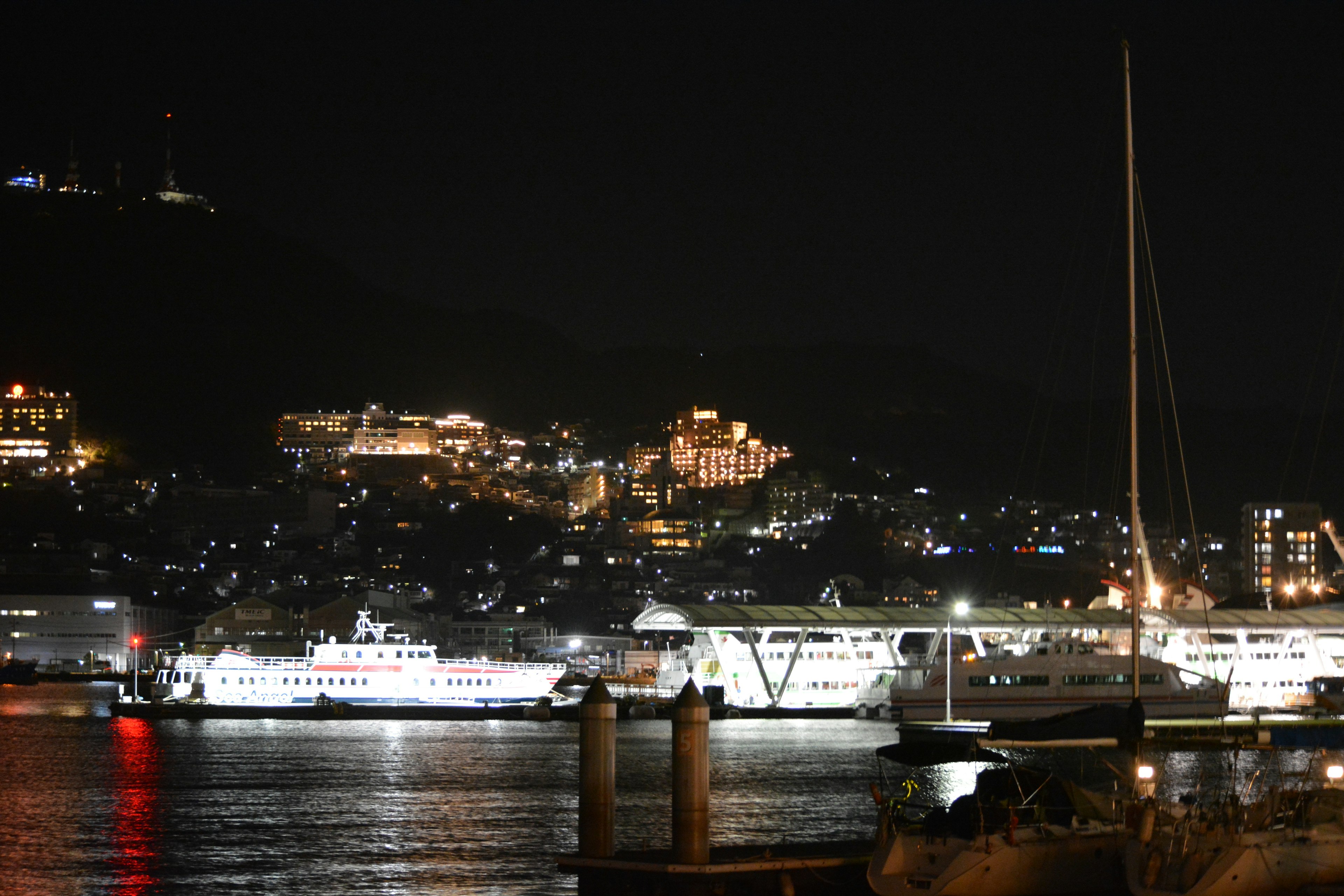 夜間水面上的船隻和背景中的城市燈光