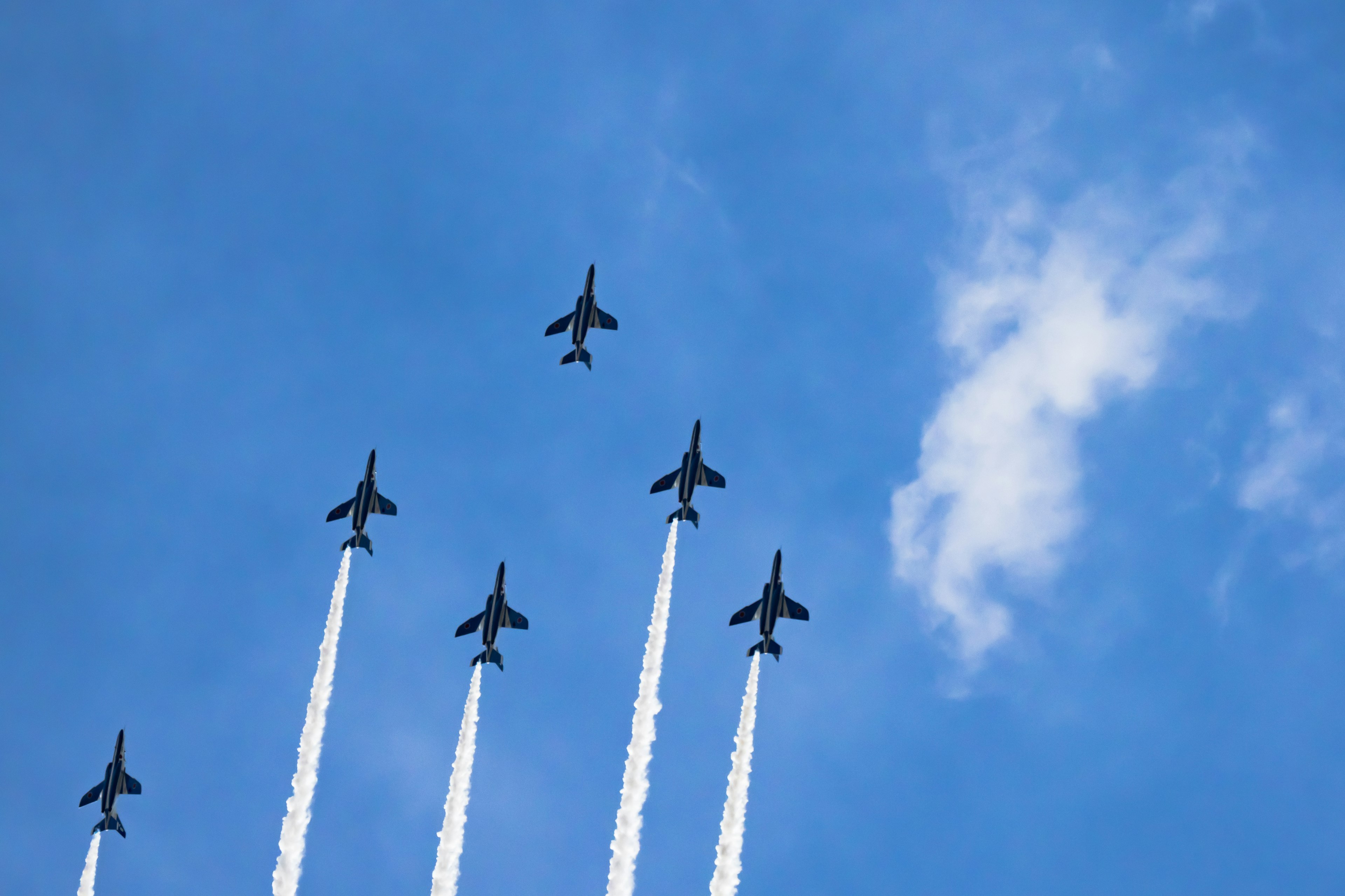 Formasi jet di langit biru dengan jejak asap putih