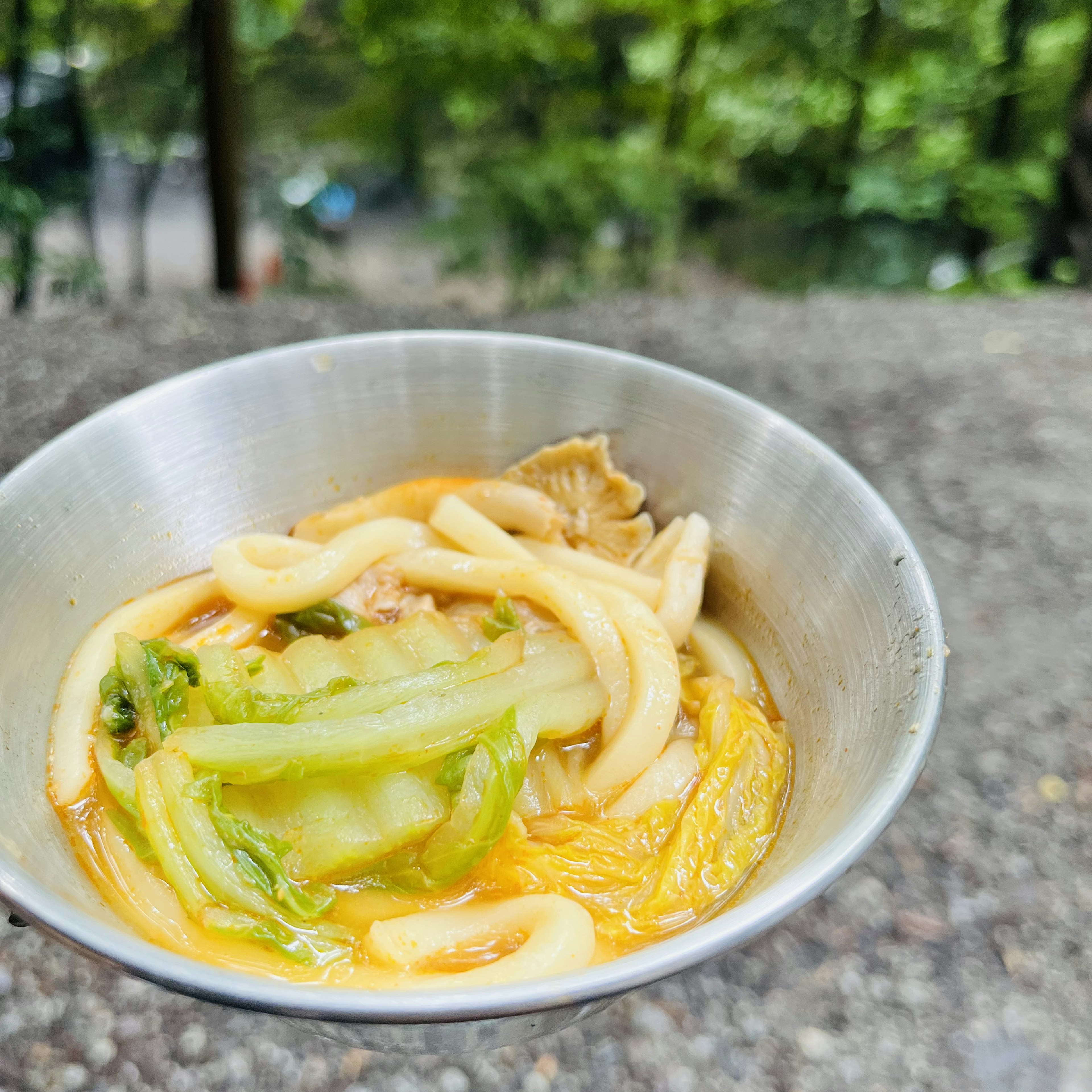 Fideos udon y verduras en un tazón de metal