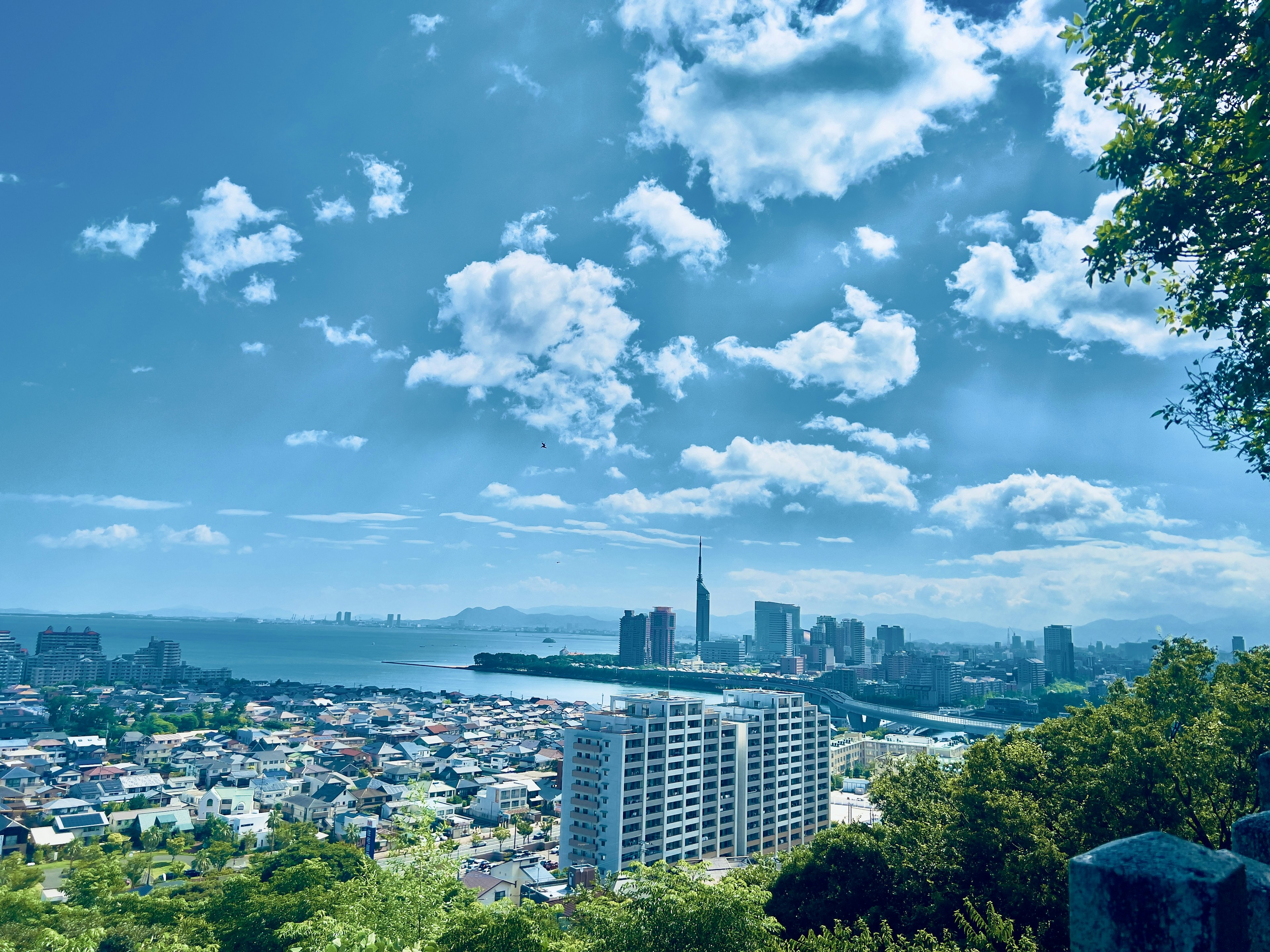 Cityscape with blue sky and white clouds featuring skyscrapers and a river