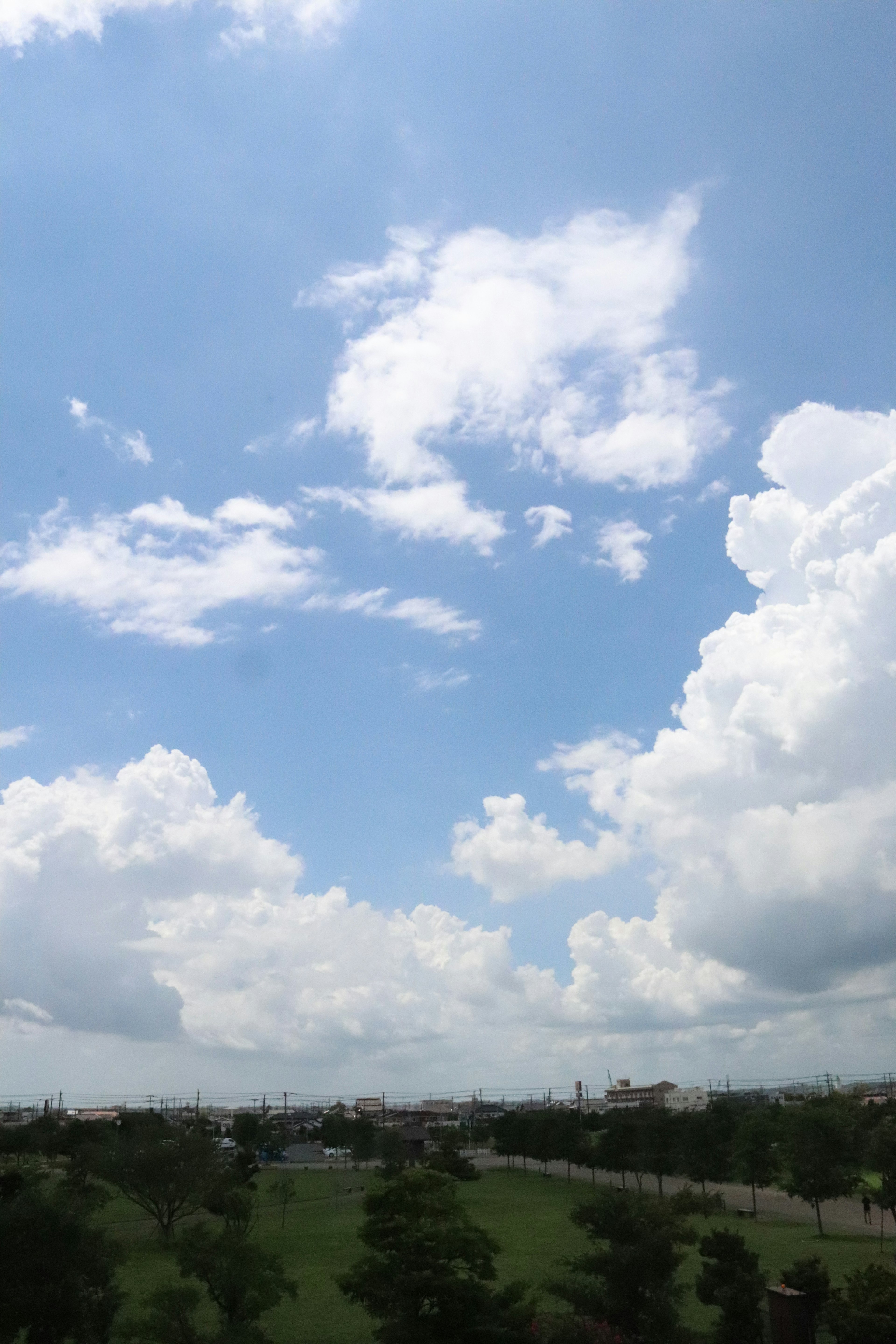 A landscape featuring blue sky and white clouds green grass and distant buildings