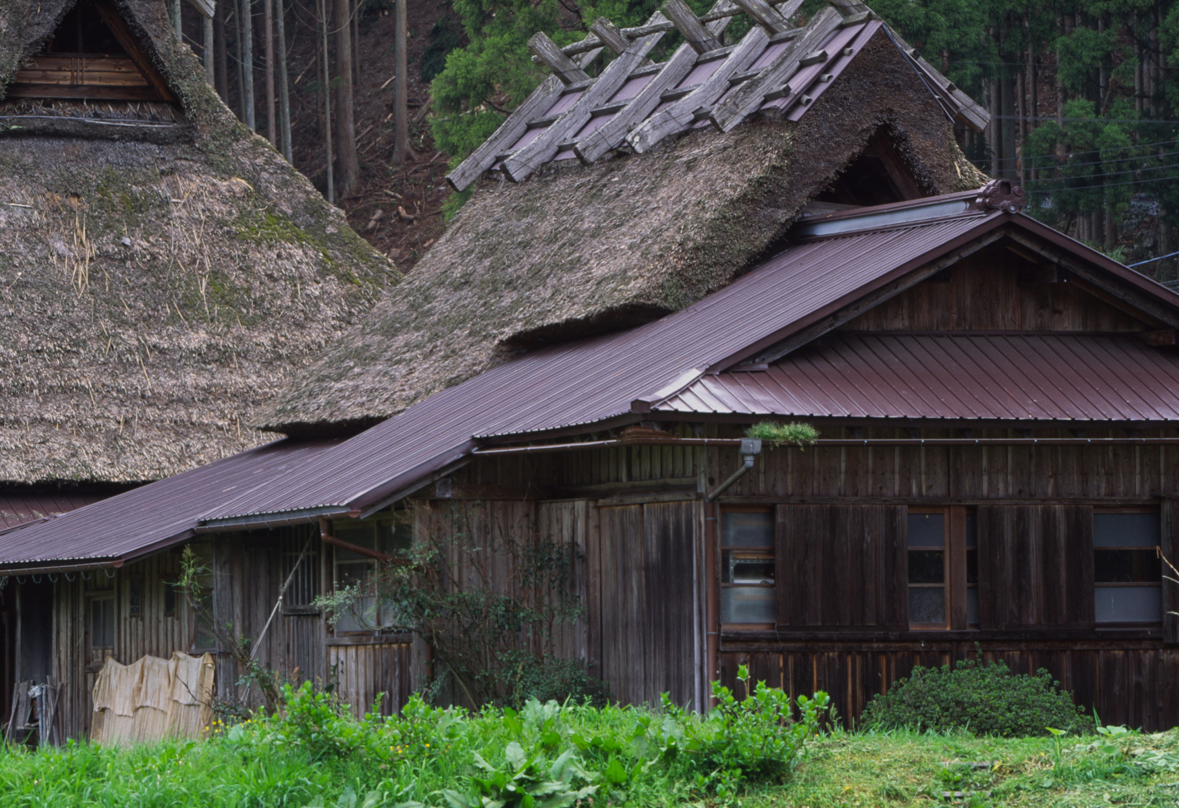 Détail d'une vieille maison en bois avec un toit de chaume