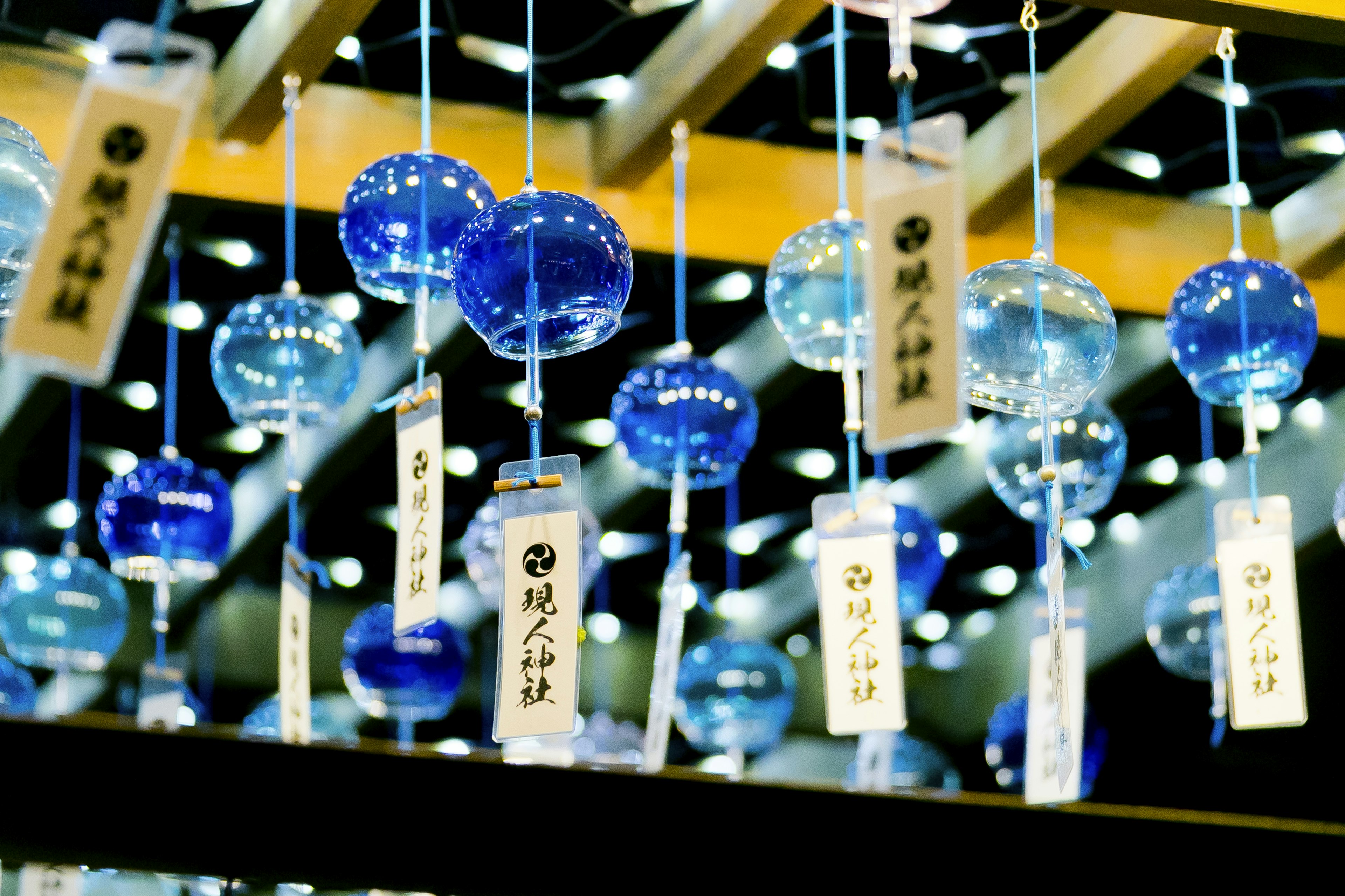 Beautiful scene of blue wind chimes hanging with Japanese labels