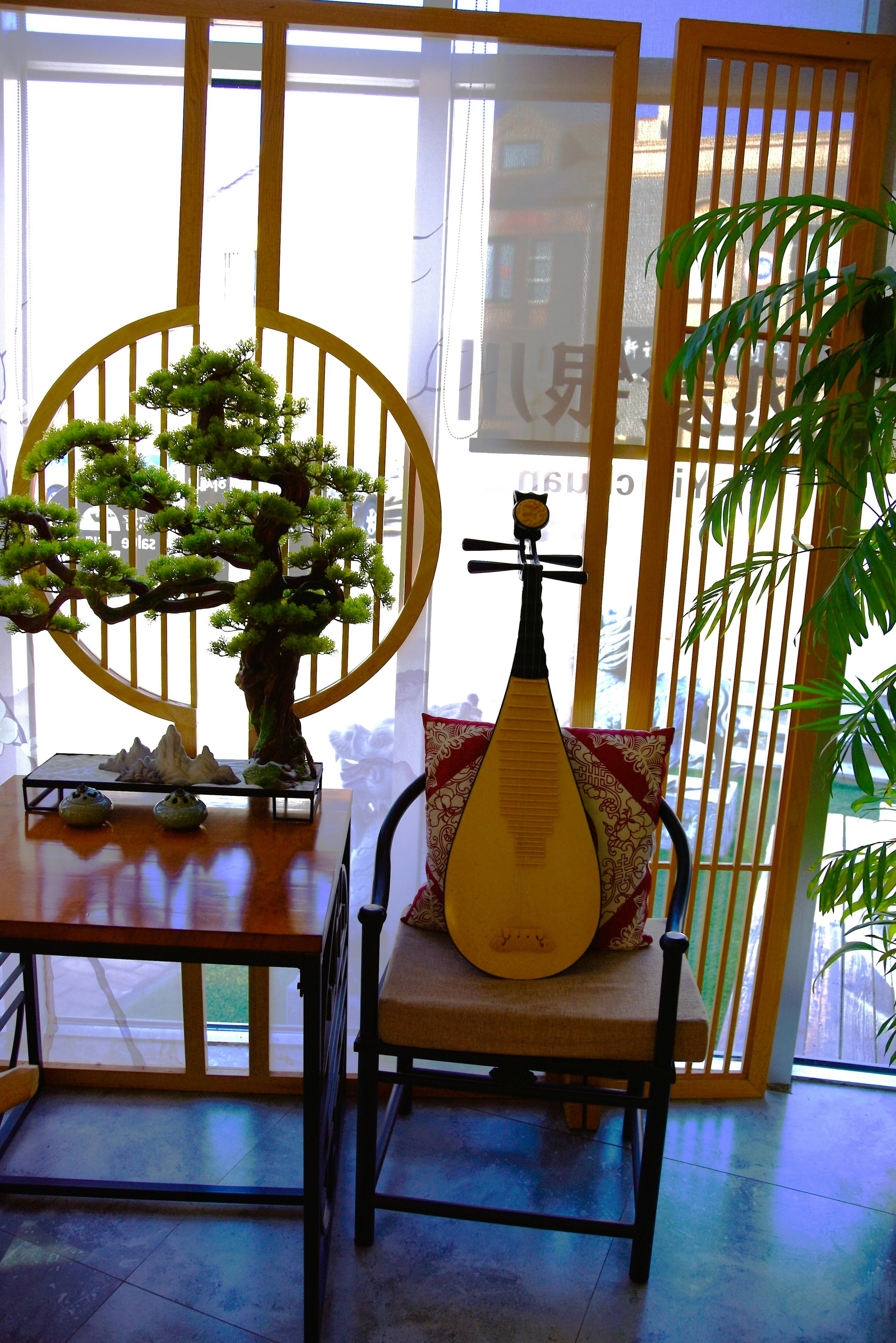 Un espace intérieur serein avec un instrument de musique et des plantes en pot