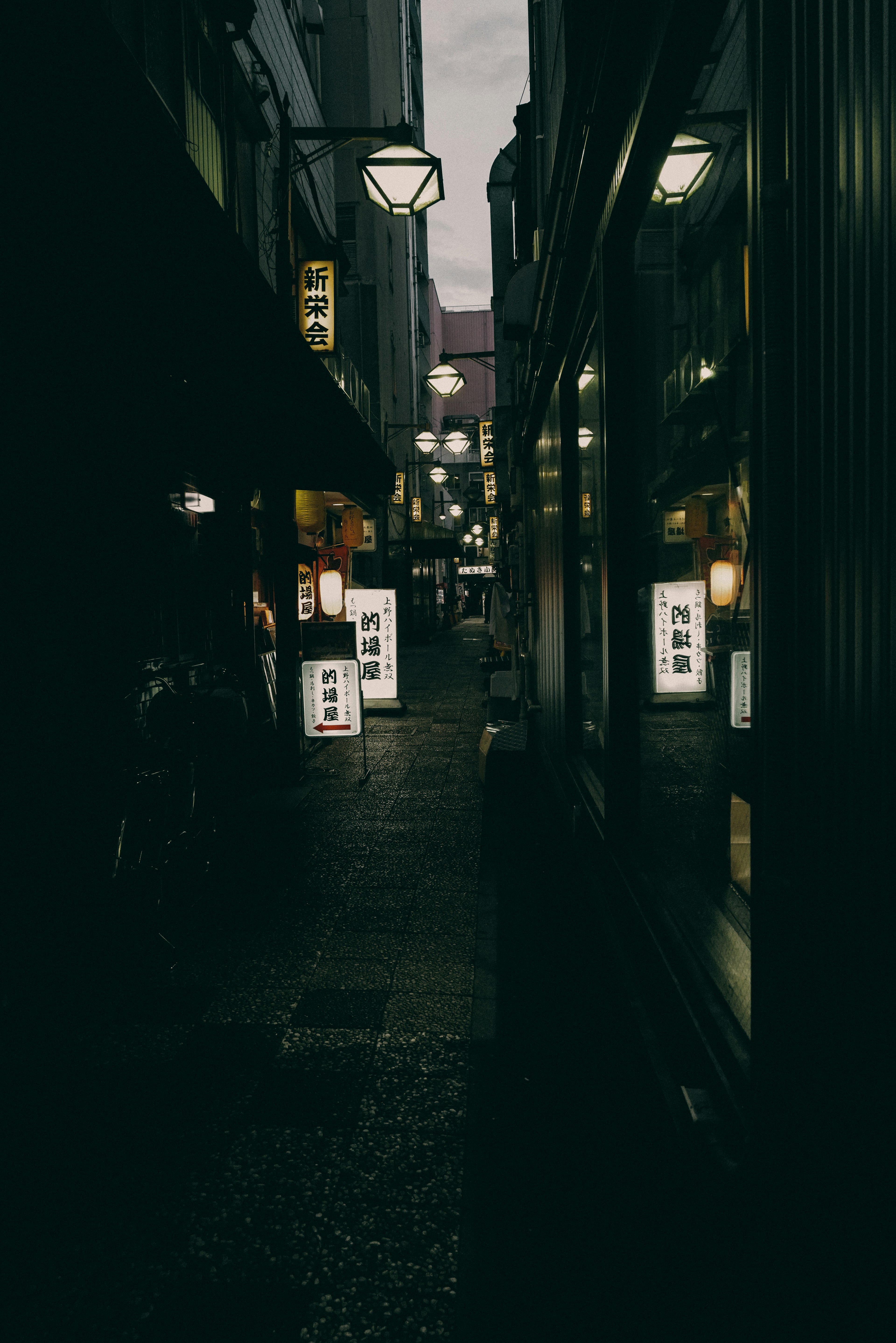 Dimly lit alley with bright signs and street lamps