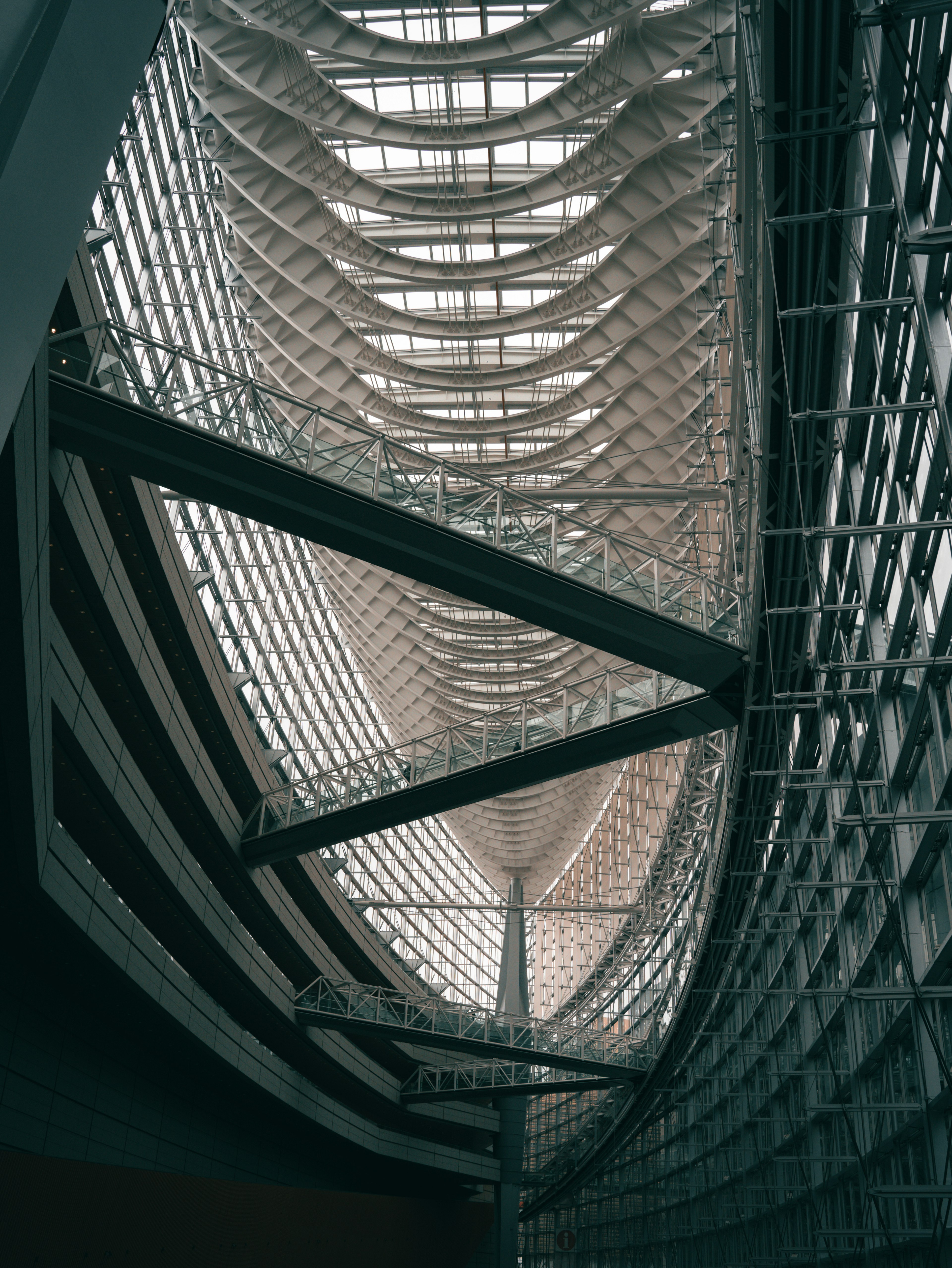 Abstract view of architectural structure with large glass roof and metal framework letting in light