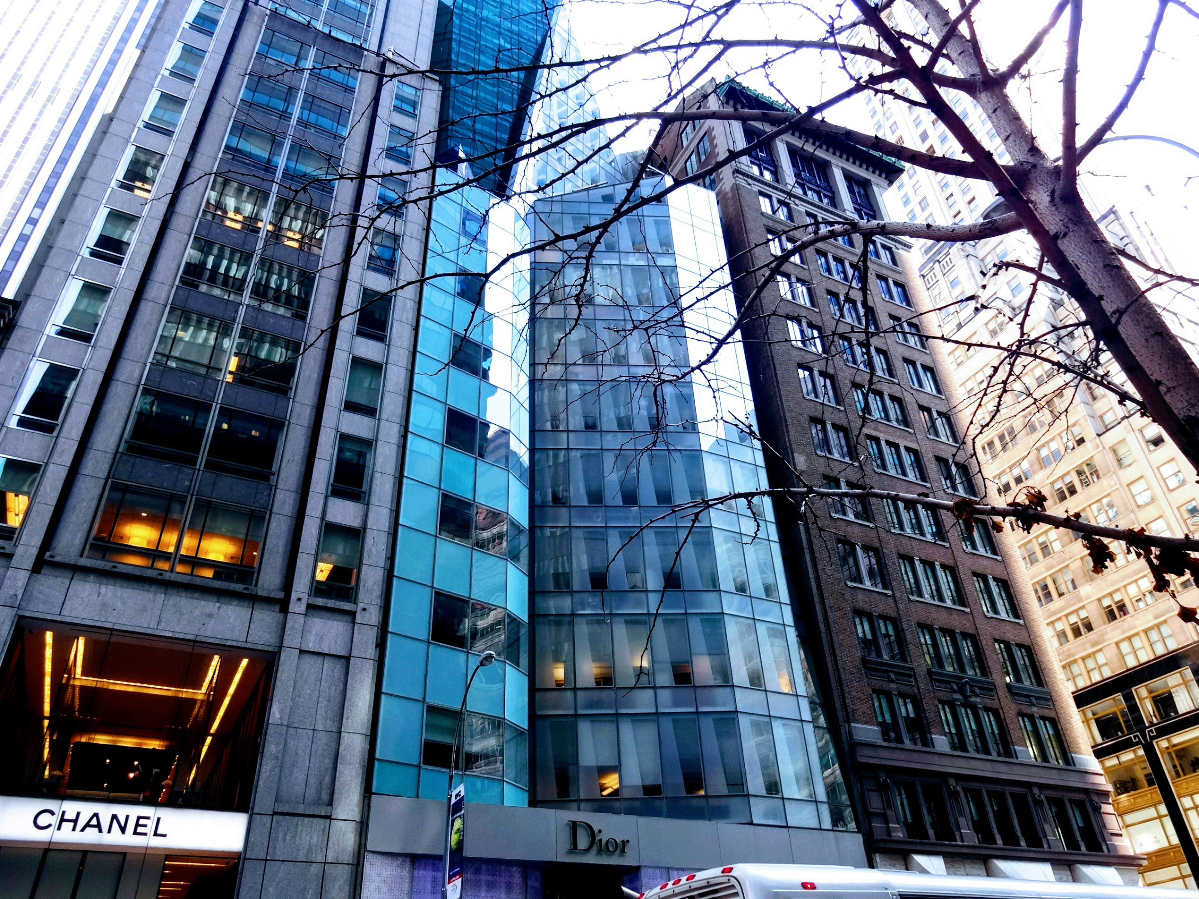 Urban scene featuring modern skyscrapers and a Chanel store