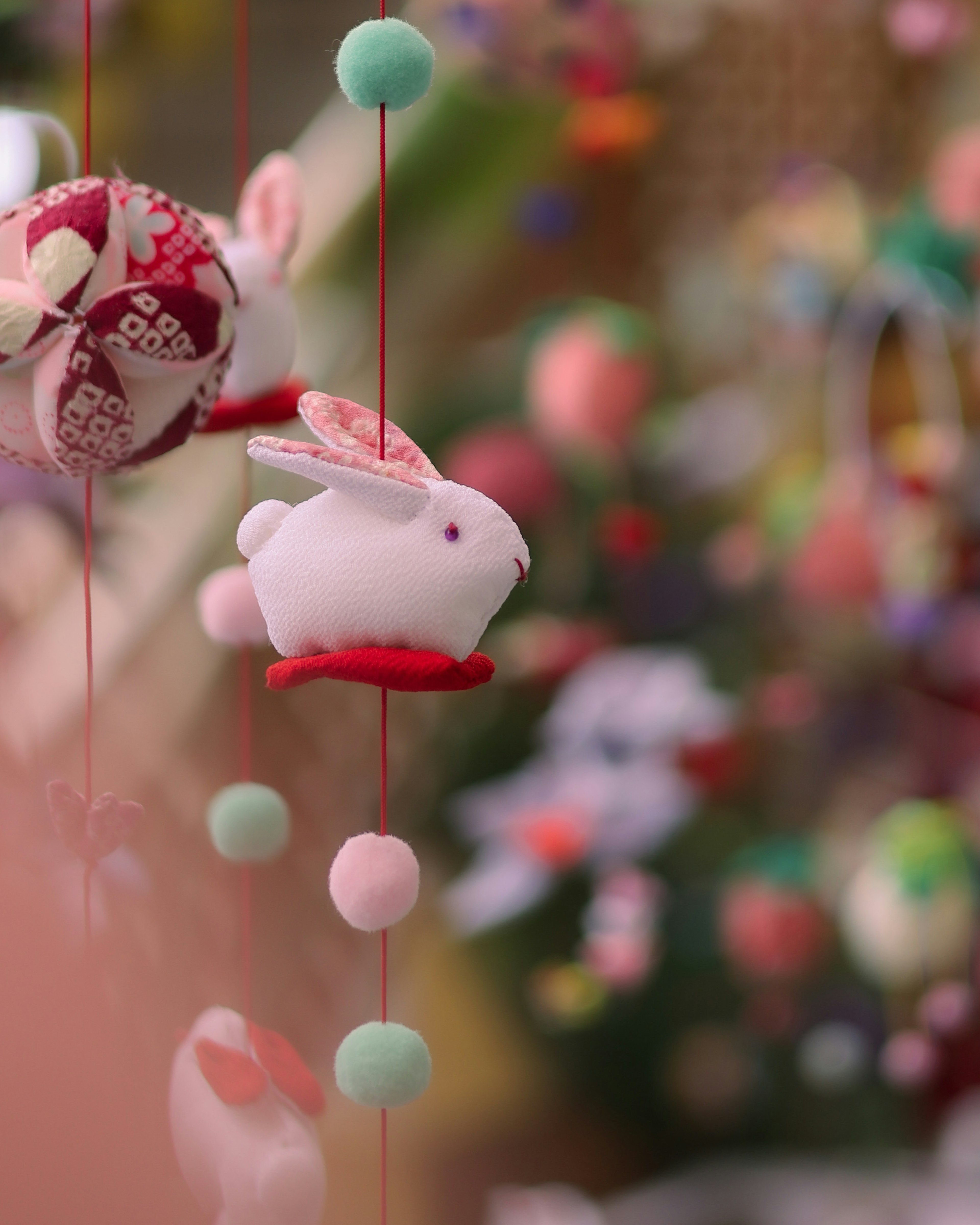 Colorful decorations featuring cute hanging rabbit ornaments