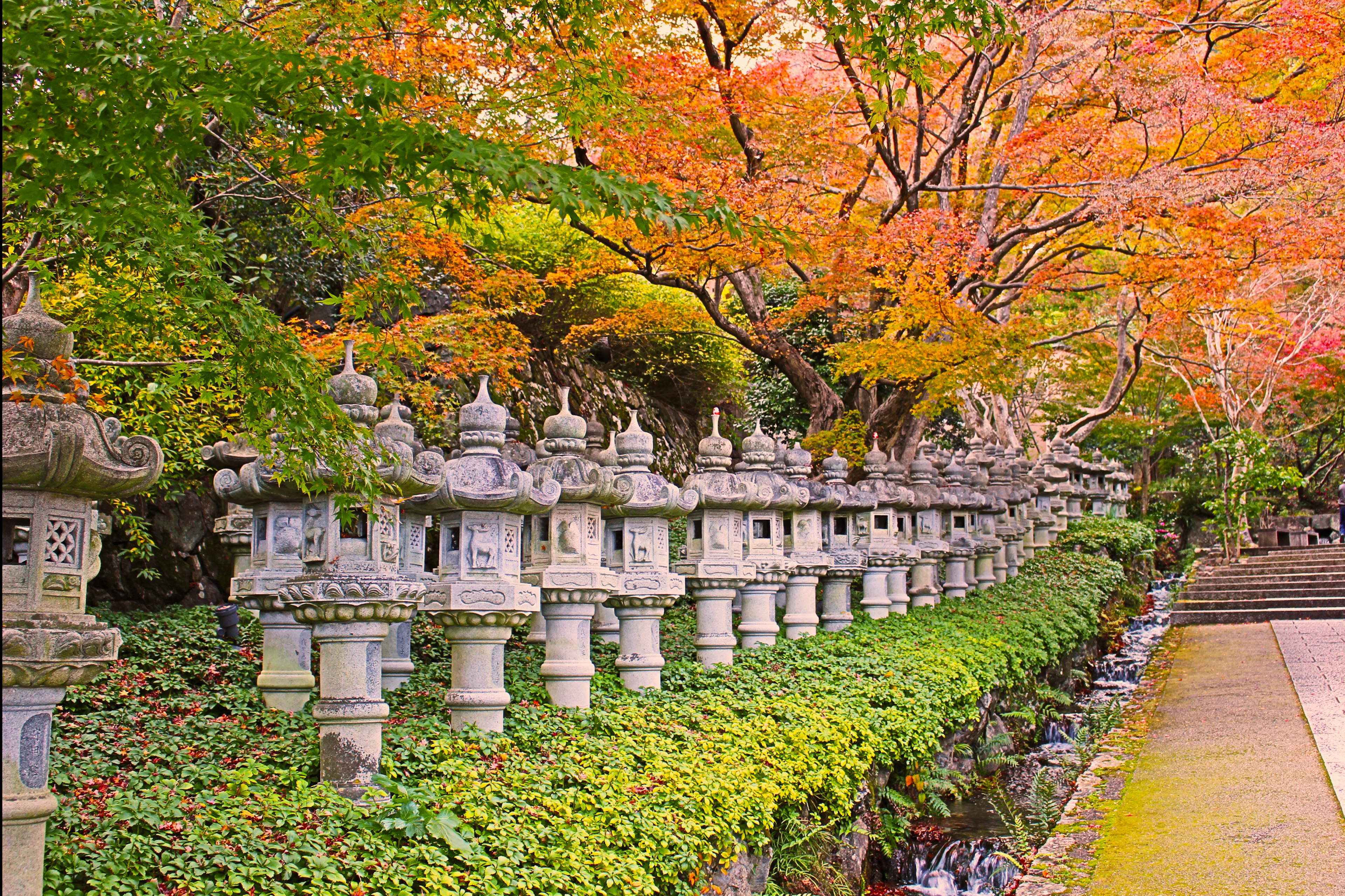 Row of stone lanterns in a garden with vibrant autumn foliage