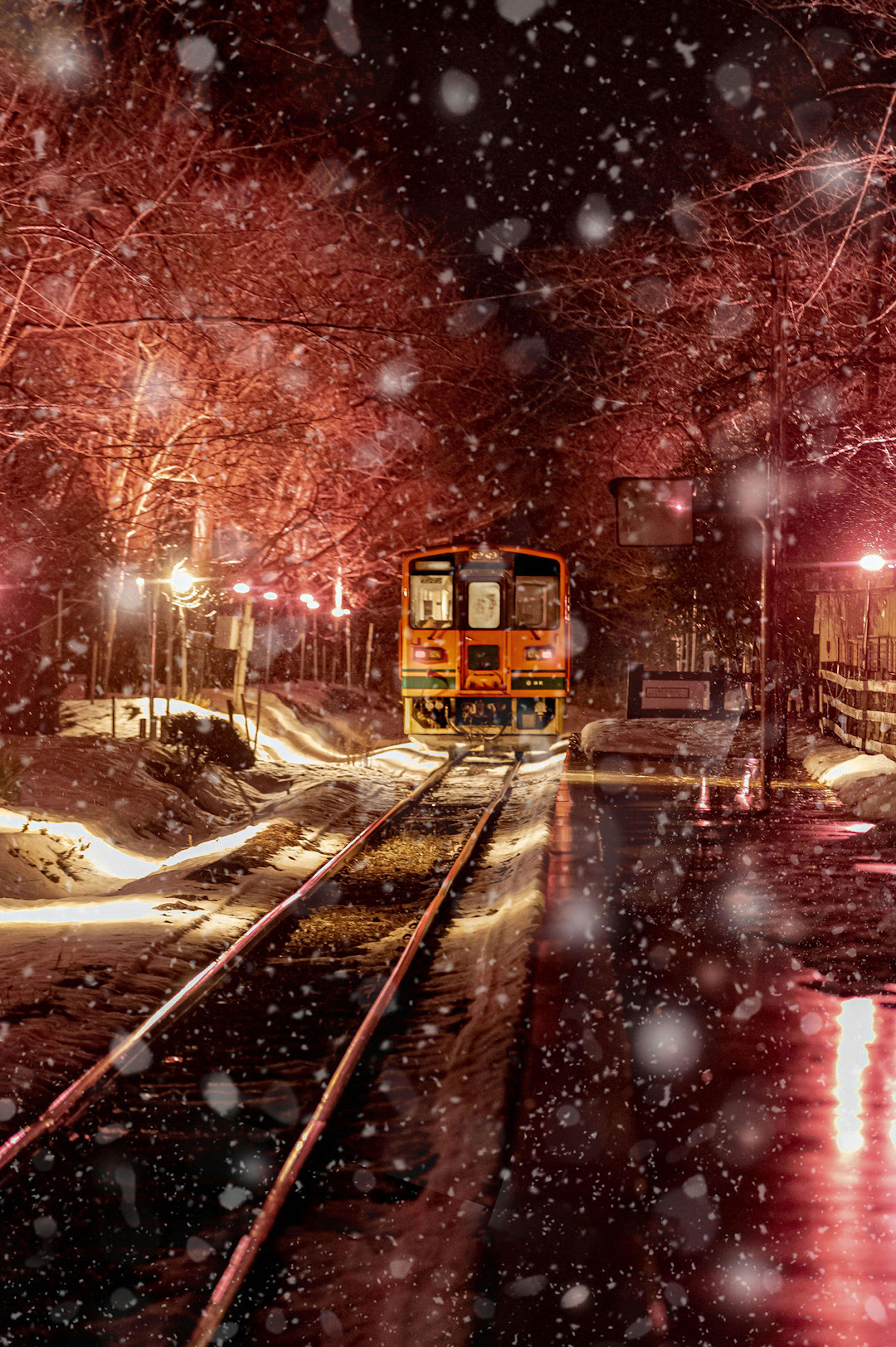 Train on snowy tracks illuminated by lights at night