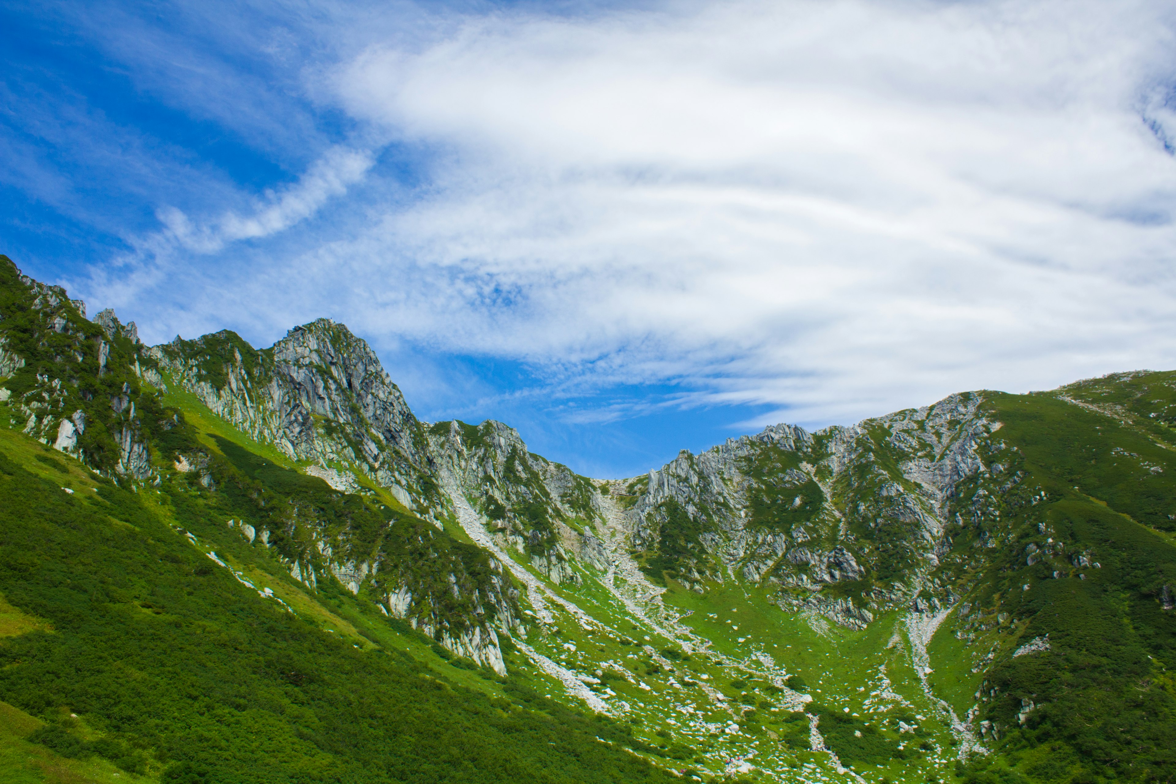 Lush green mountains under a vibrant blue sky