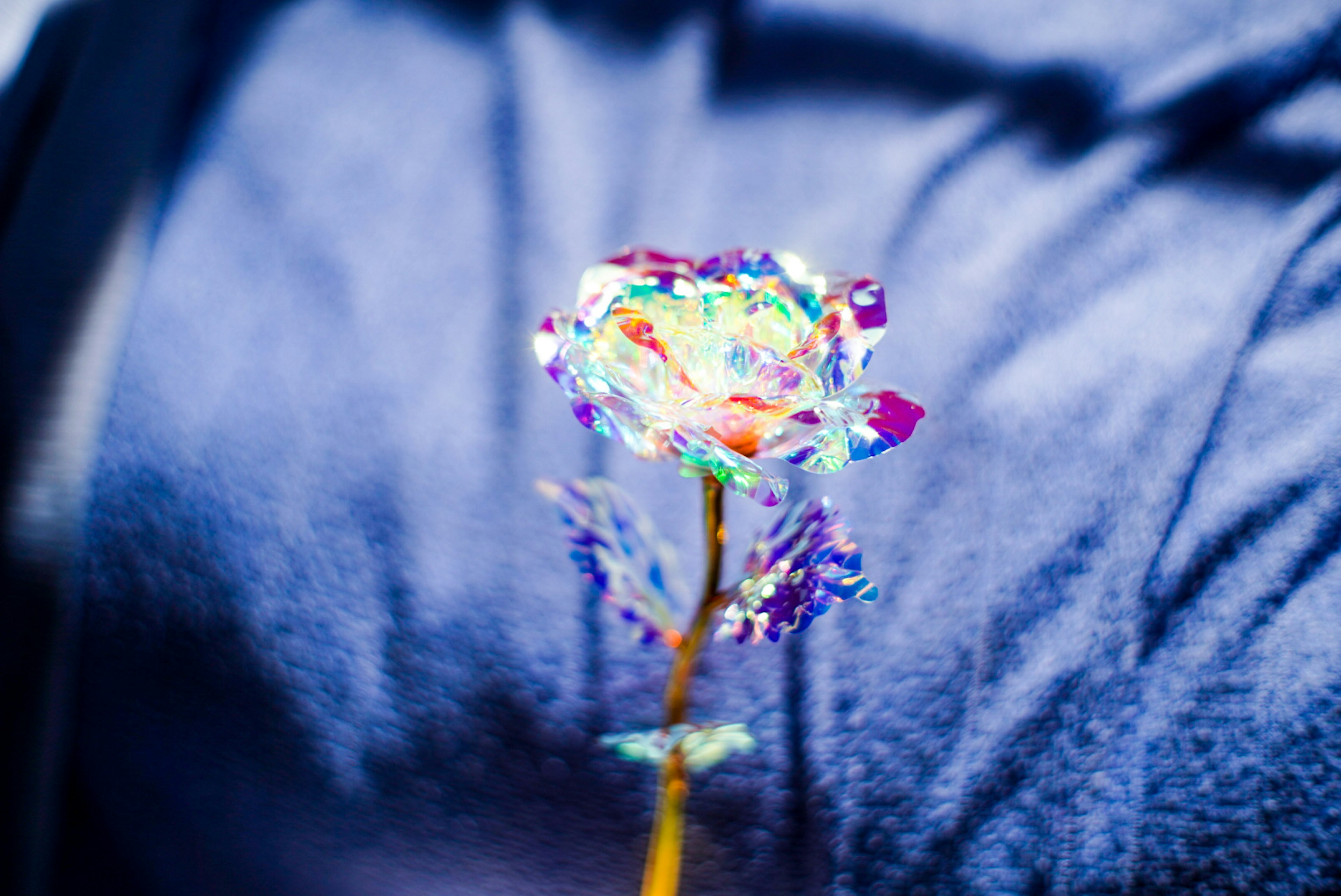 Eine bunte kristalline Blume vor einem blauen Hintergrund