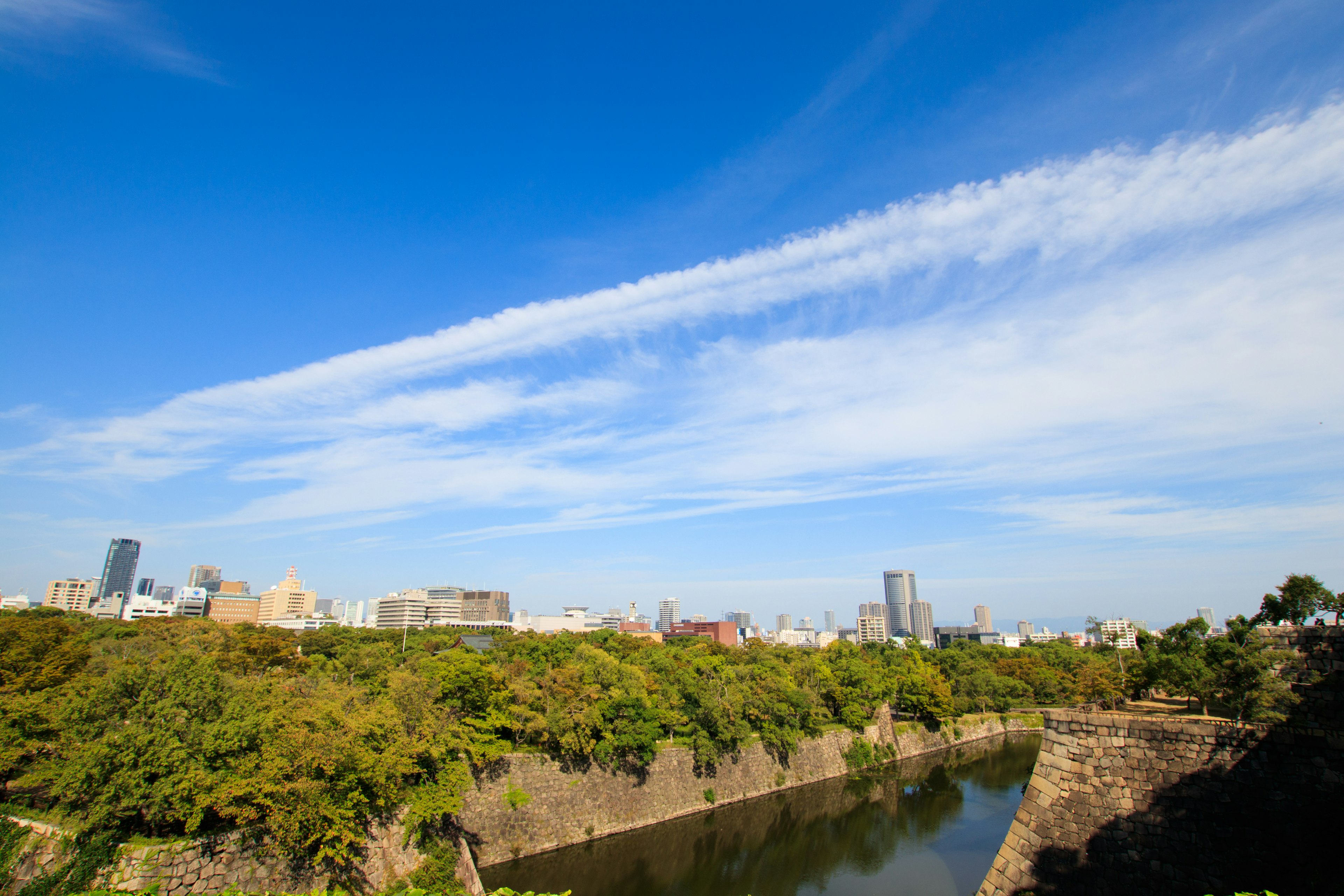 Paesaggio urbano con vegetazione lussureggiante e un fiume sotto un cielo blu con nuvole