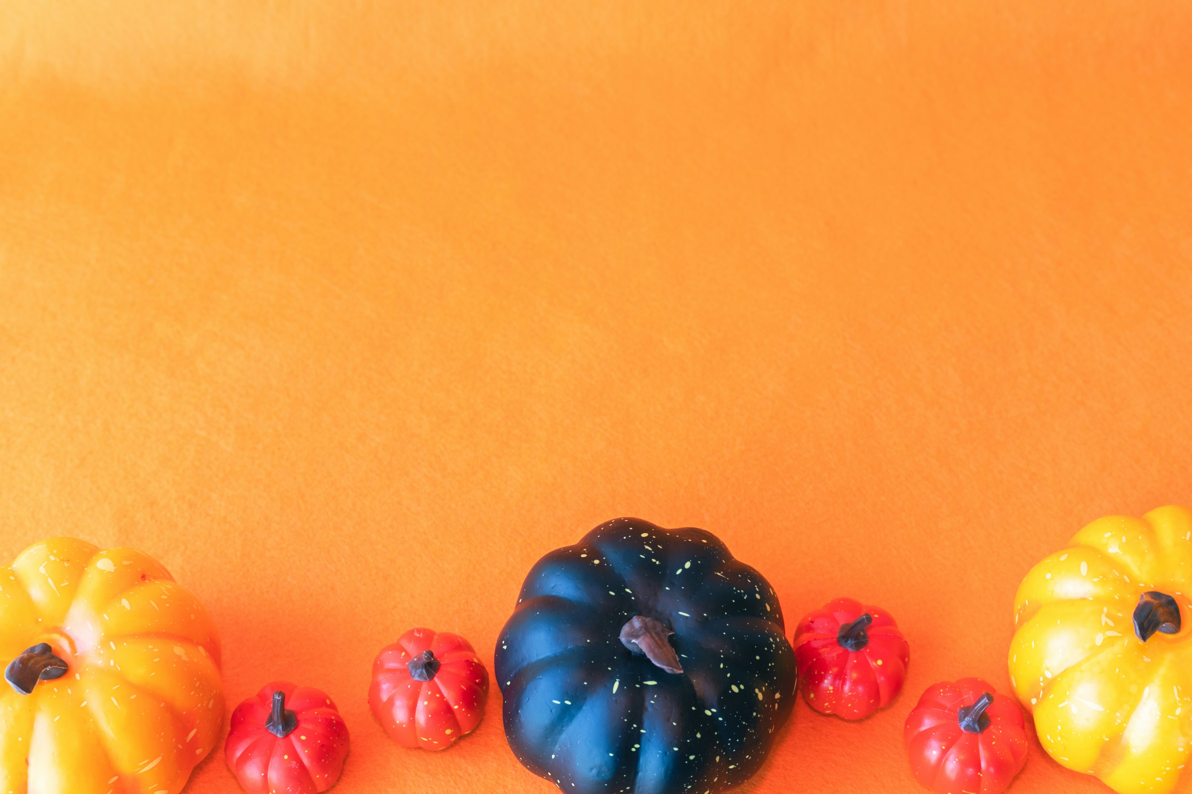 Calabazas decorativas dispuestas sobre un fondo naranja que incluyen una calabaza negra y calabazas pequeñas naranjas