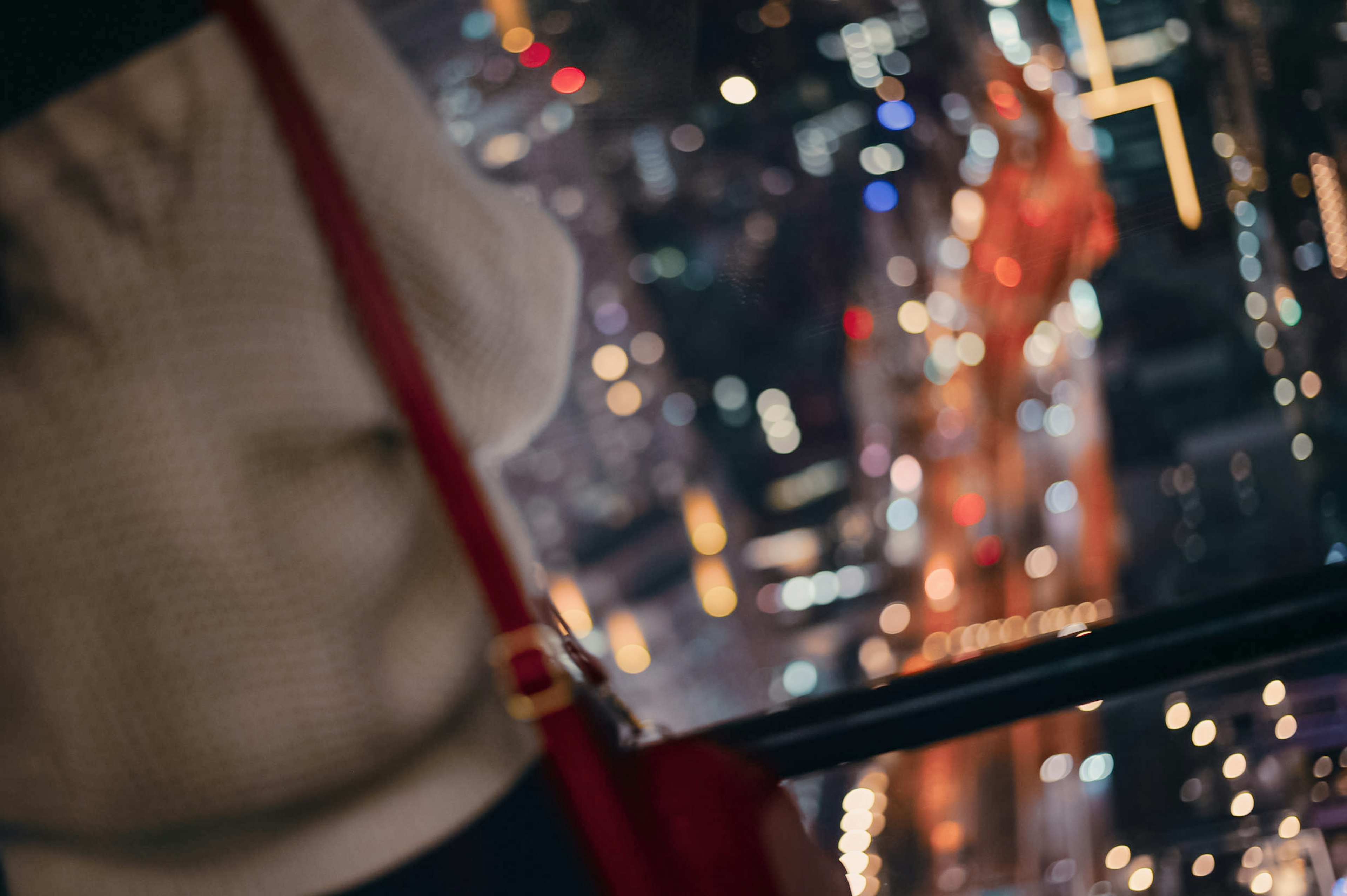 都市の夜景を眺める人物の背中と赤いバッグ