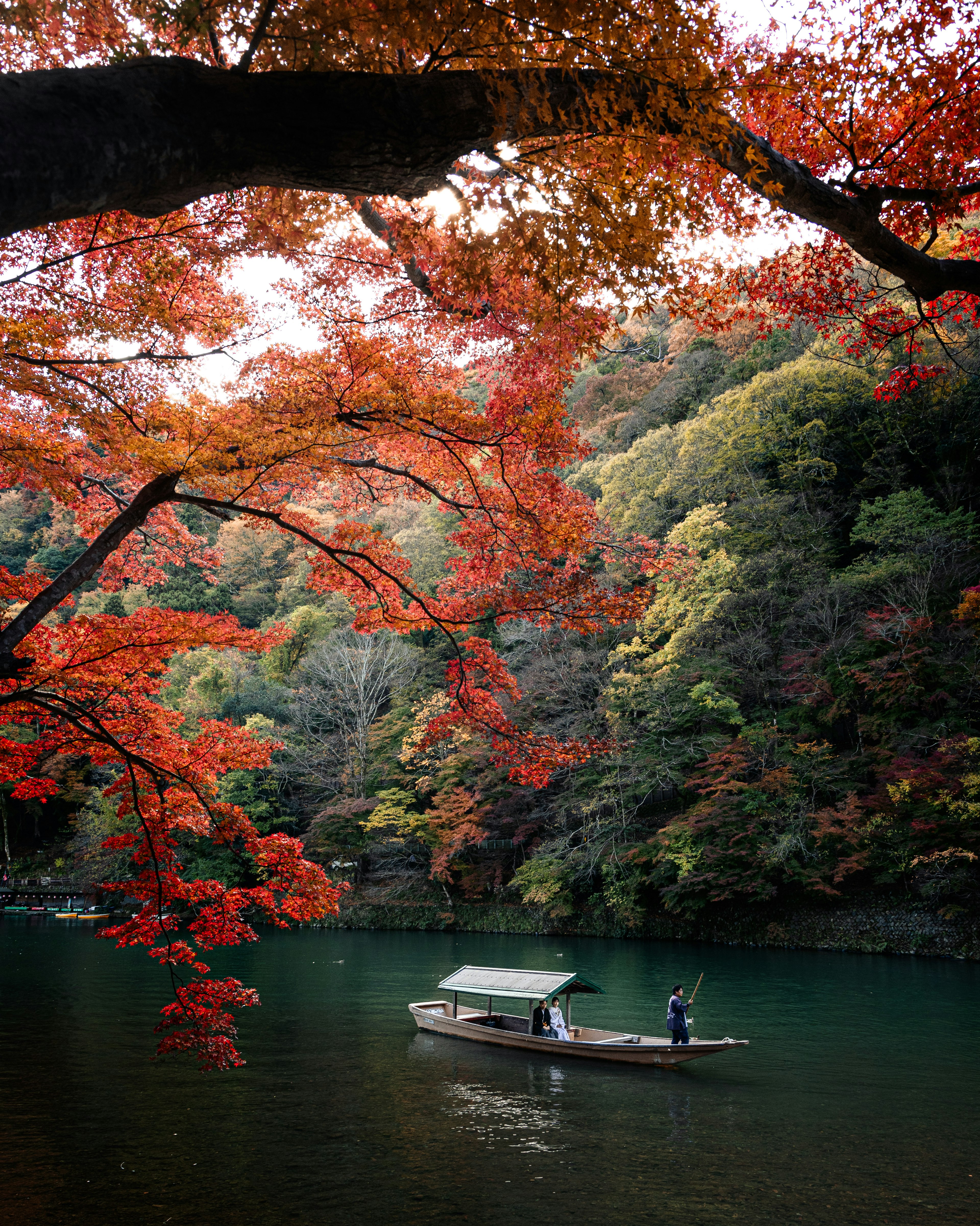 紅葉の木々に囲まれた静かな水面に浮かぶ小舟