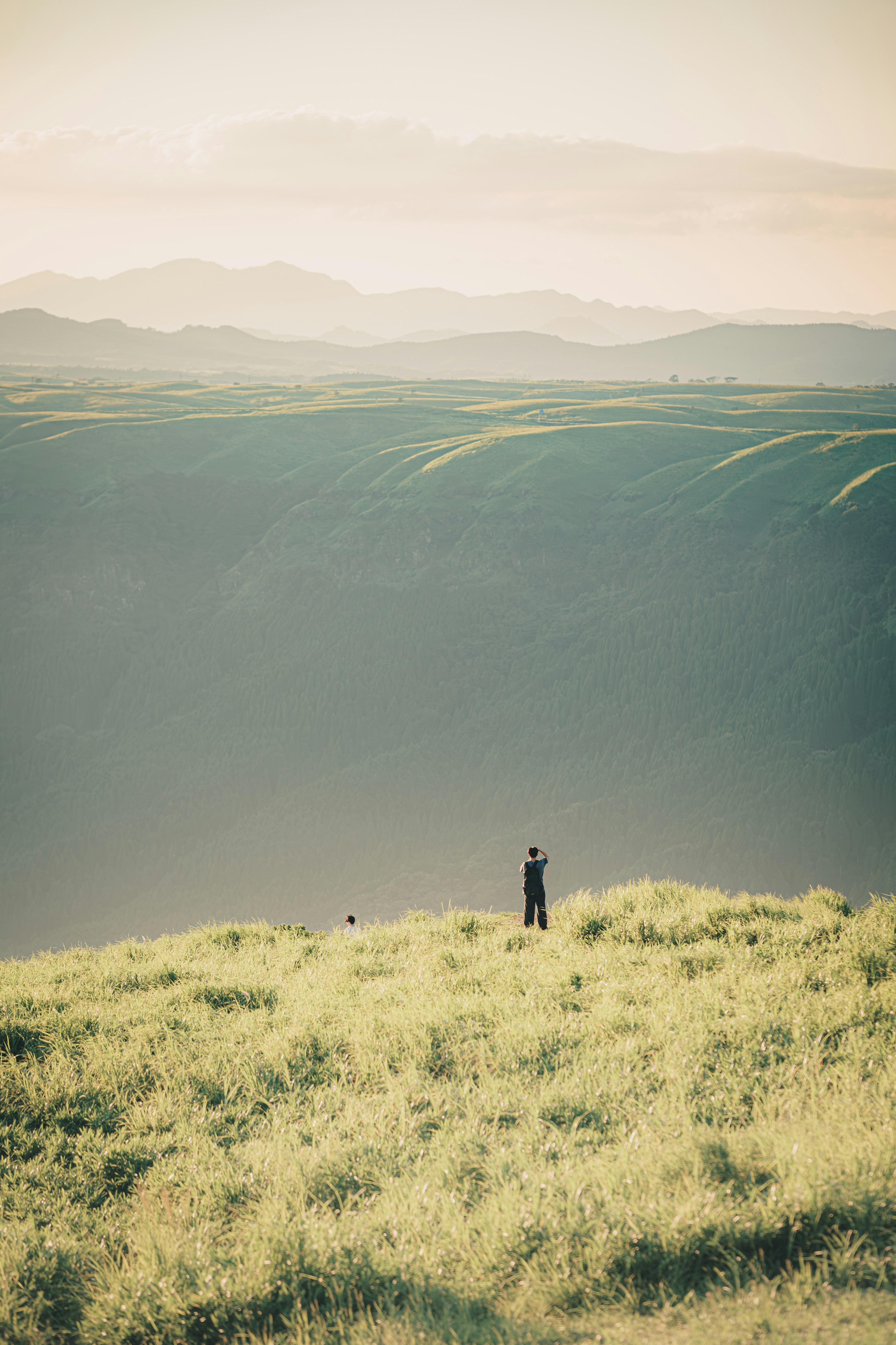 Silhouette of a person standing on a green meadow with distant mountains