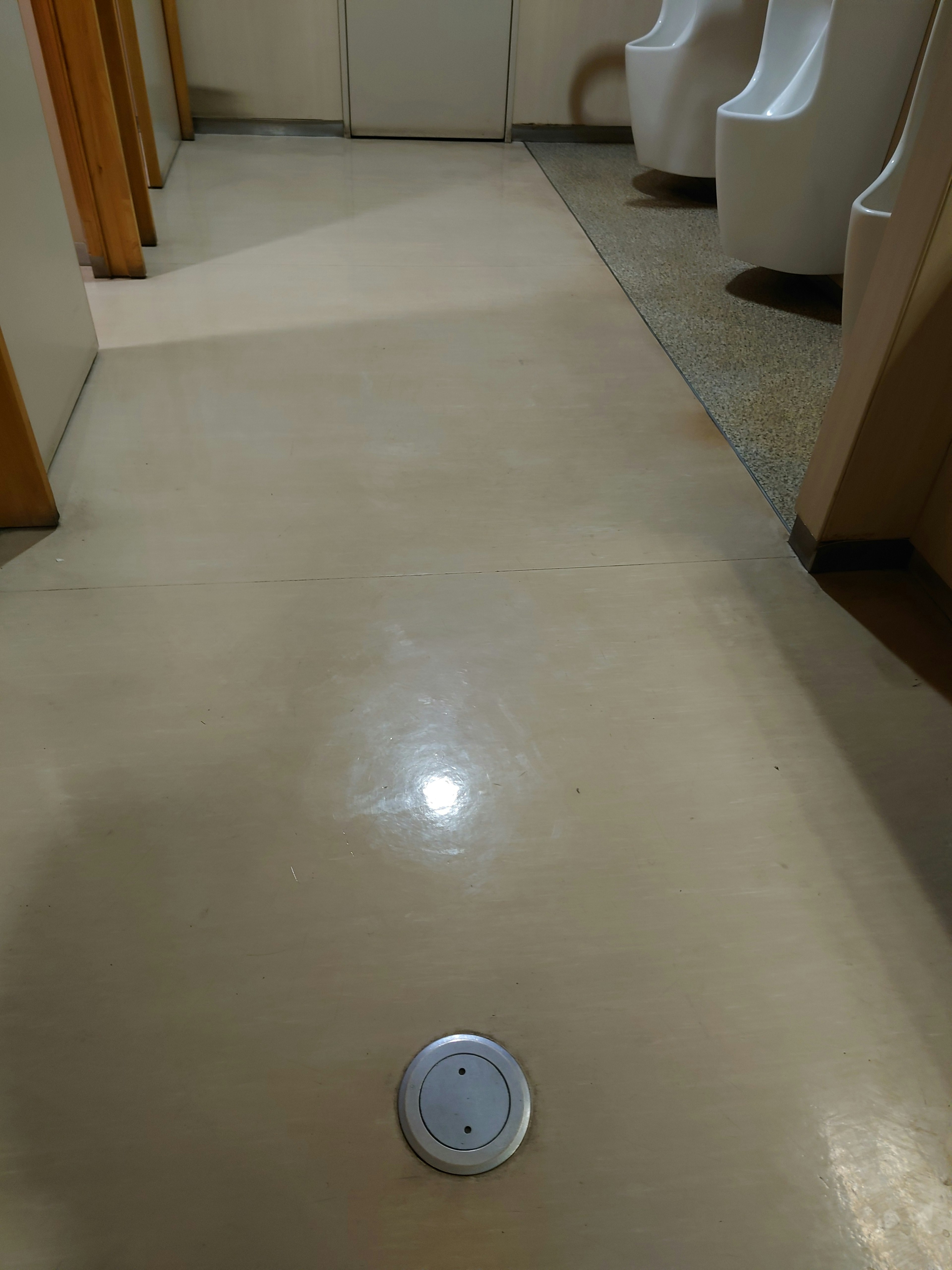 Shiny floor surface in a restroom with a drain in the center