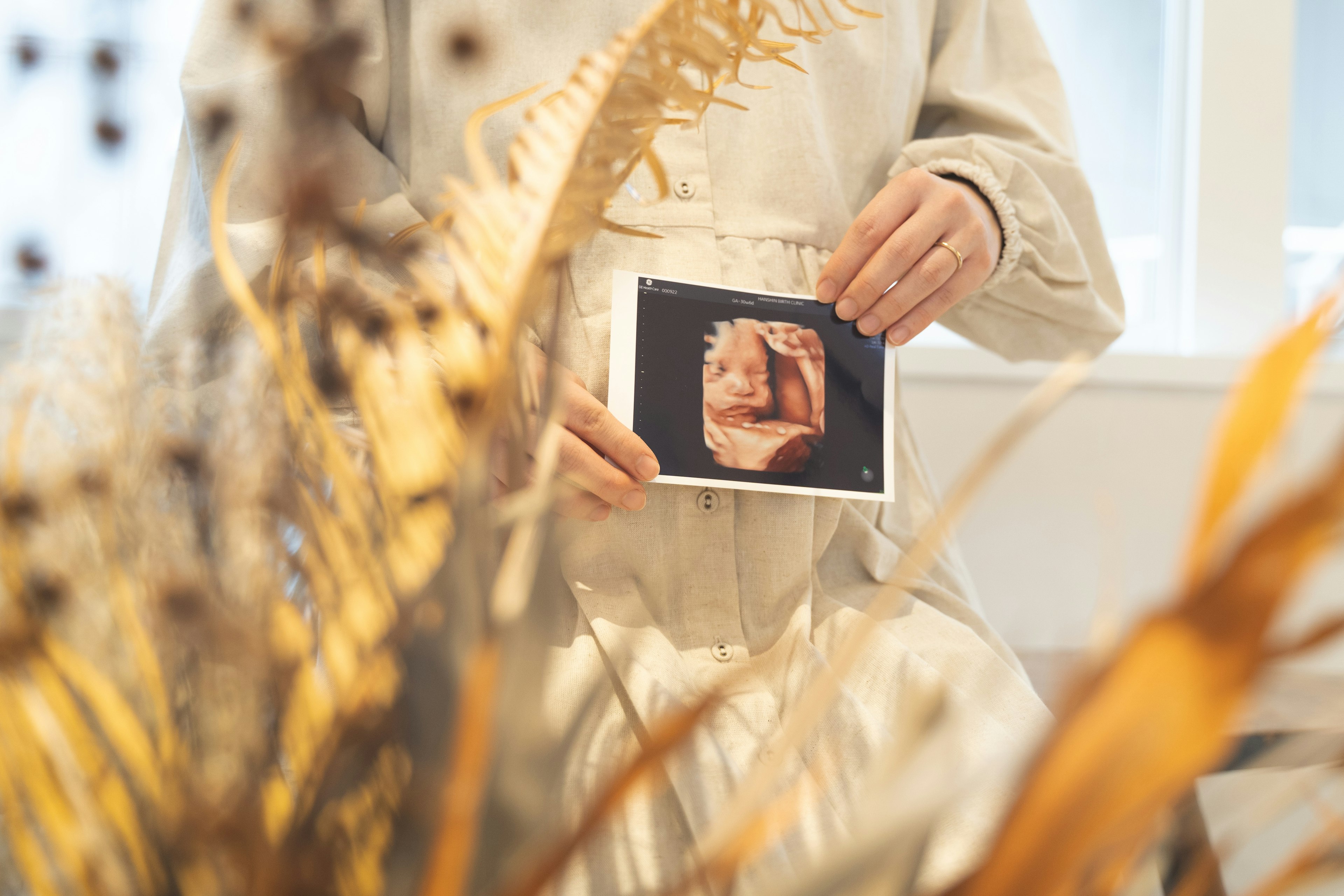 Person, die ein Foto vor trockenen Pflanzen hält