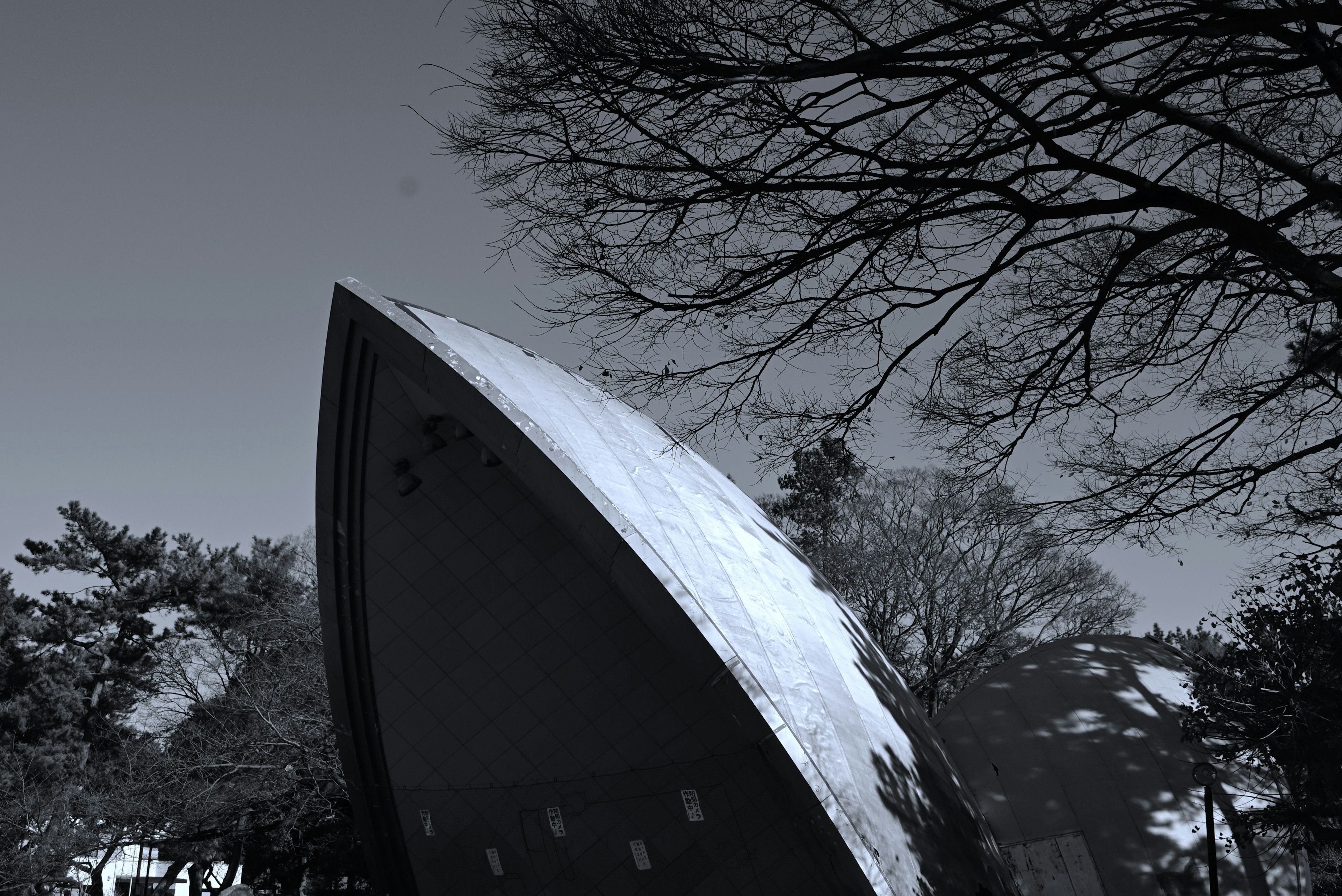 Structure resembling a snow-covered boat with silhouetted trees