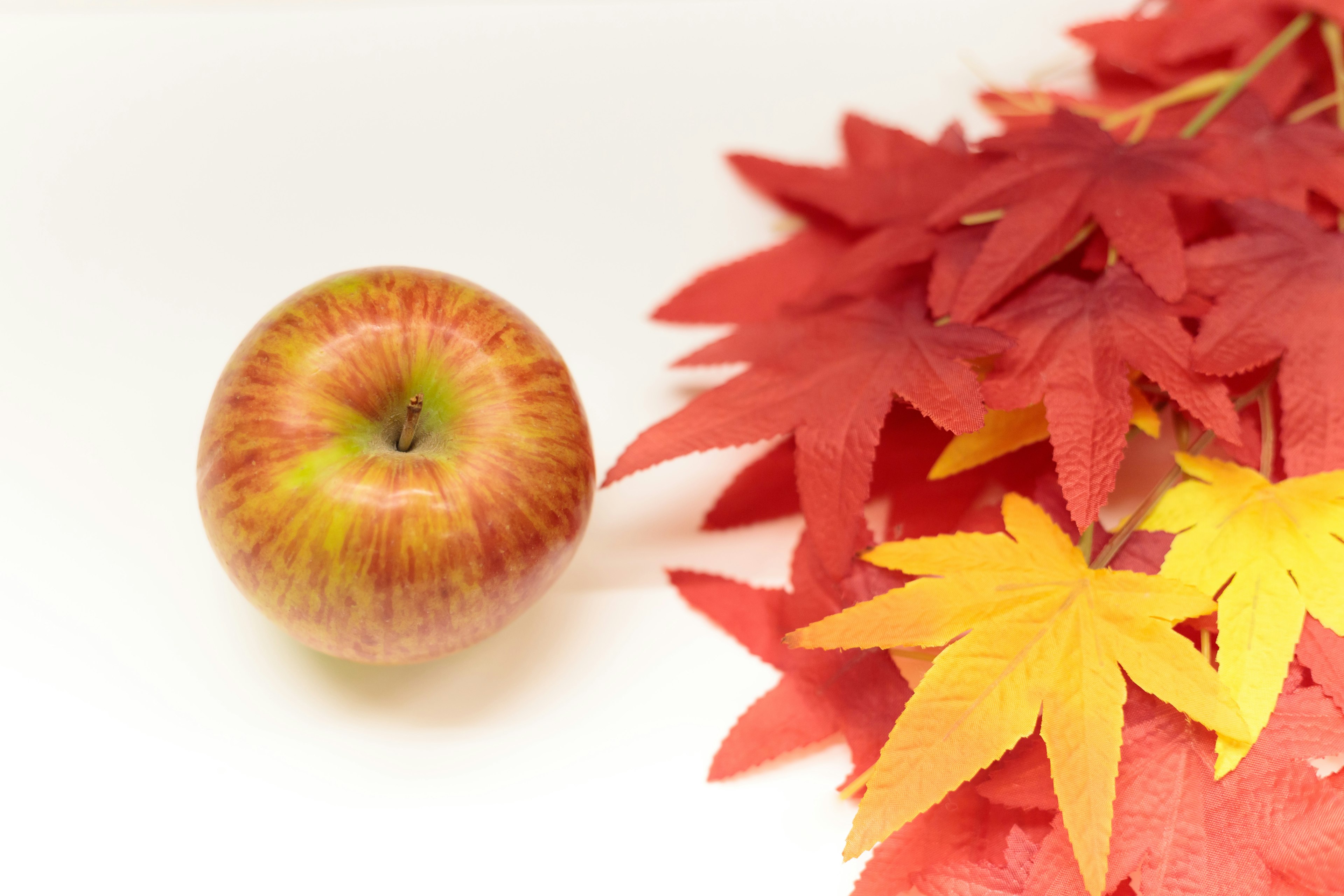 An apple next to red and yellow autumn leaves