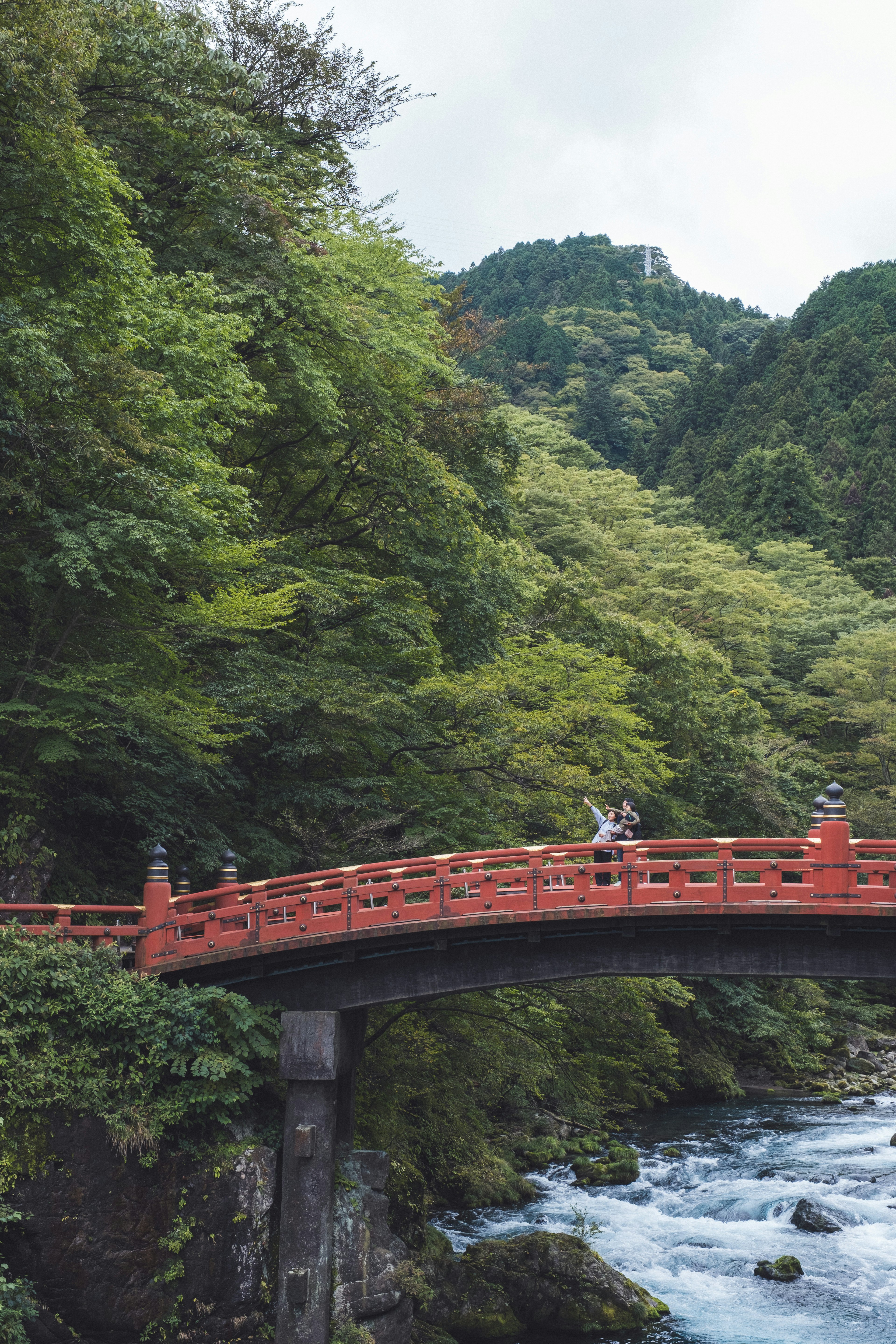 緑豊かな山々を背景にした赤い橋と川の風景