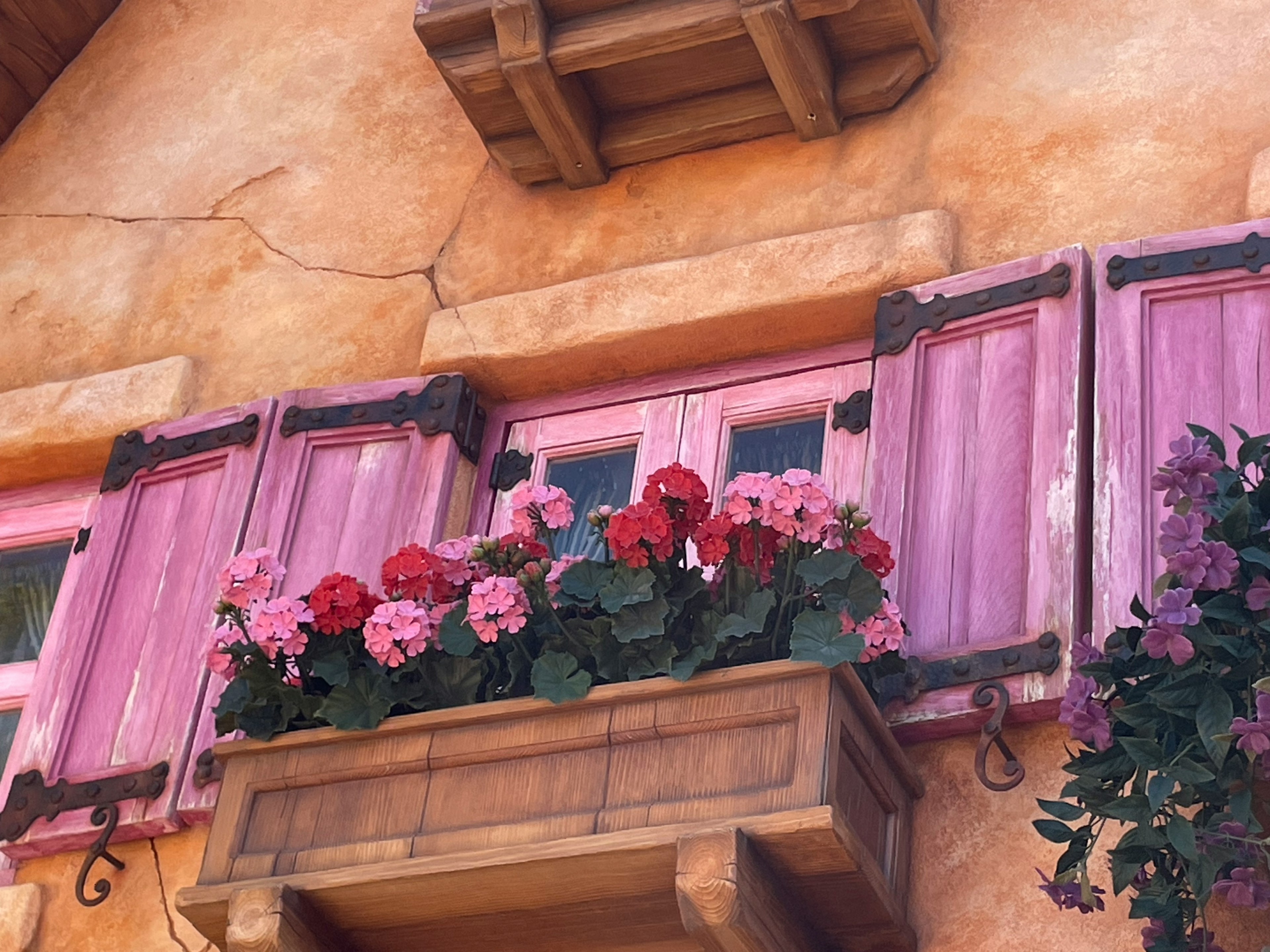 Window with pink shutters and flower box overflowing with colorful blooms