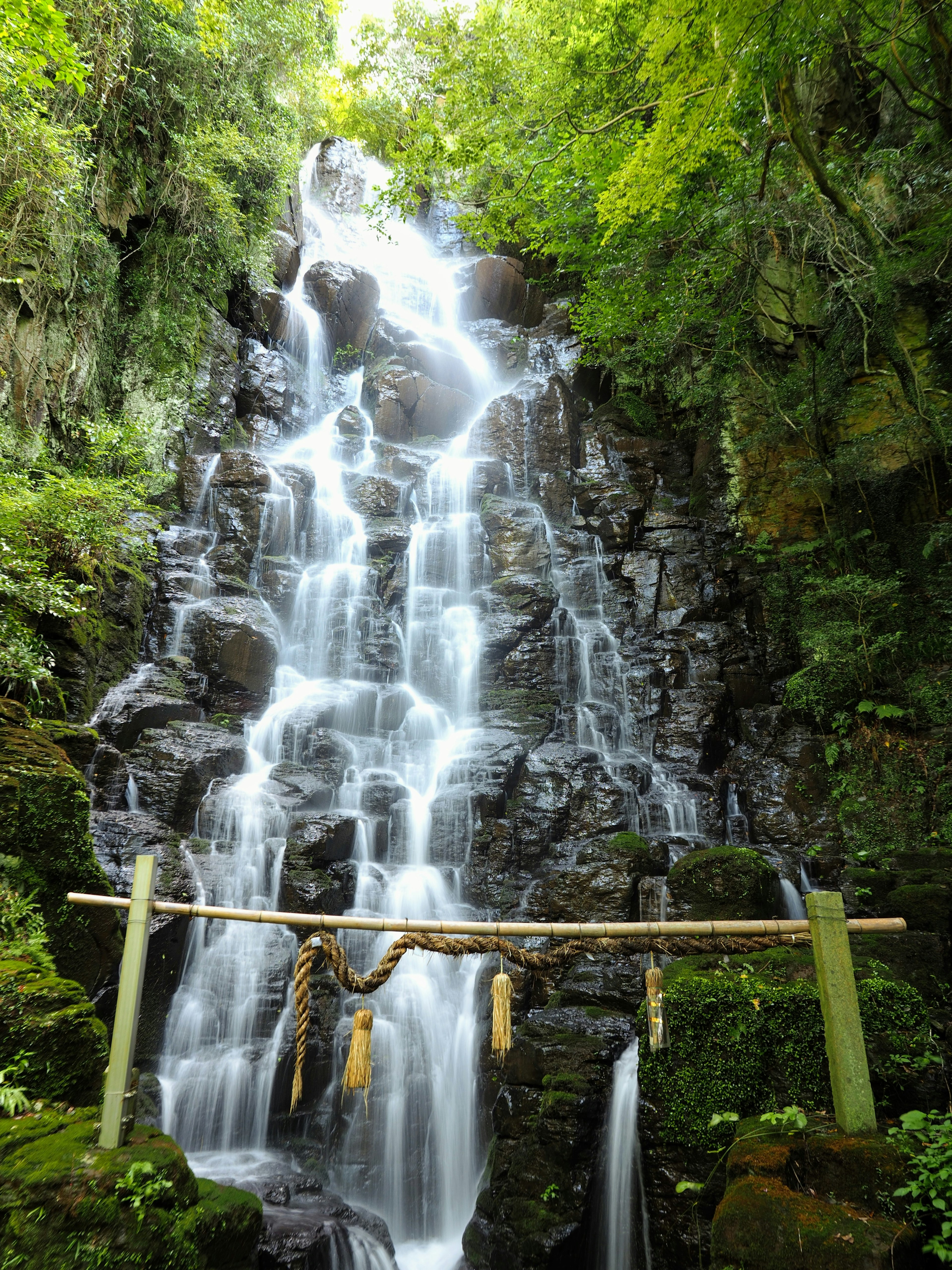 A beautiful waterfall cascading down surrounded by lush greenery