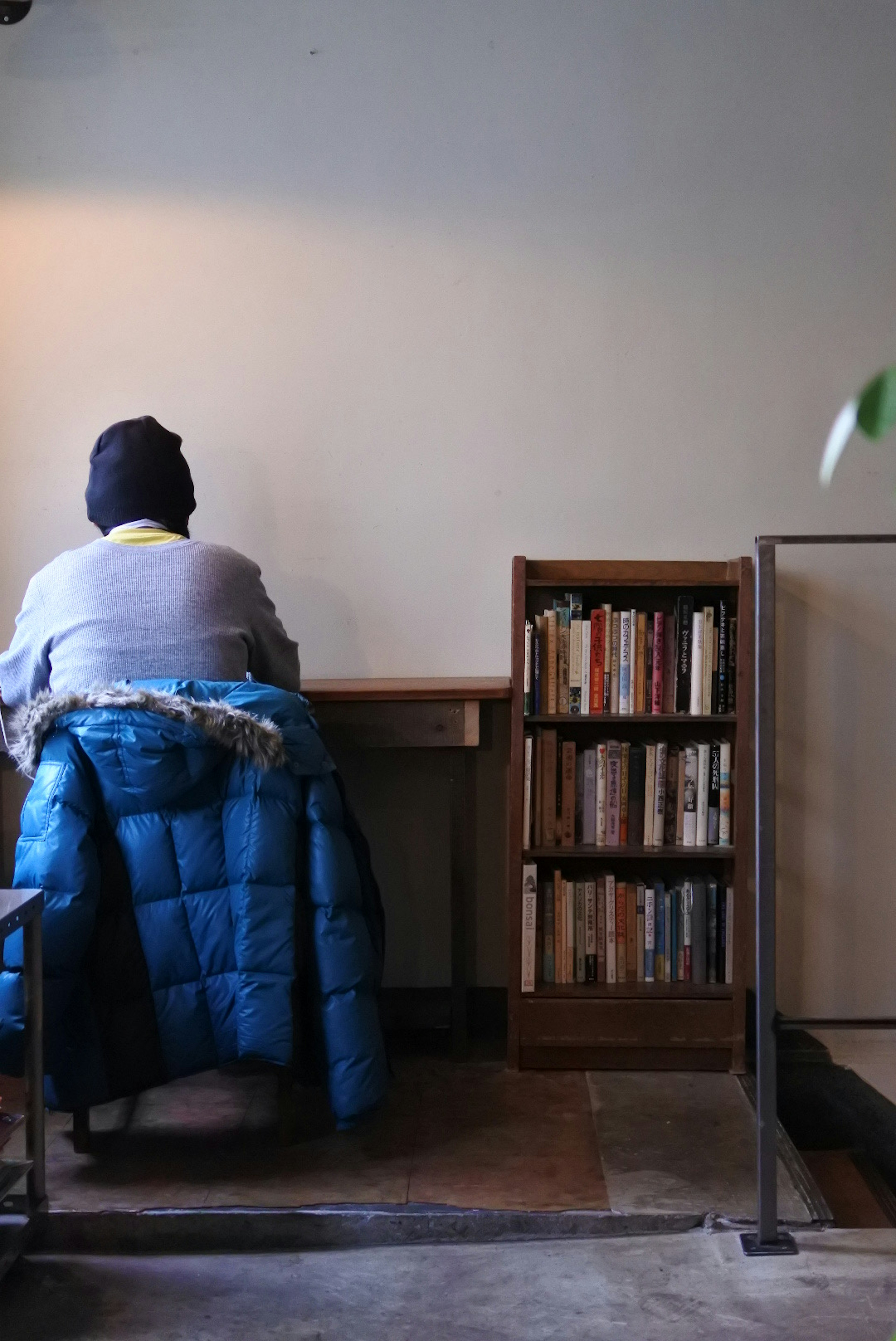 Person in a blue down jacket sitting at a desk with a bookshelf behind