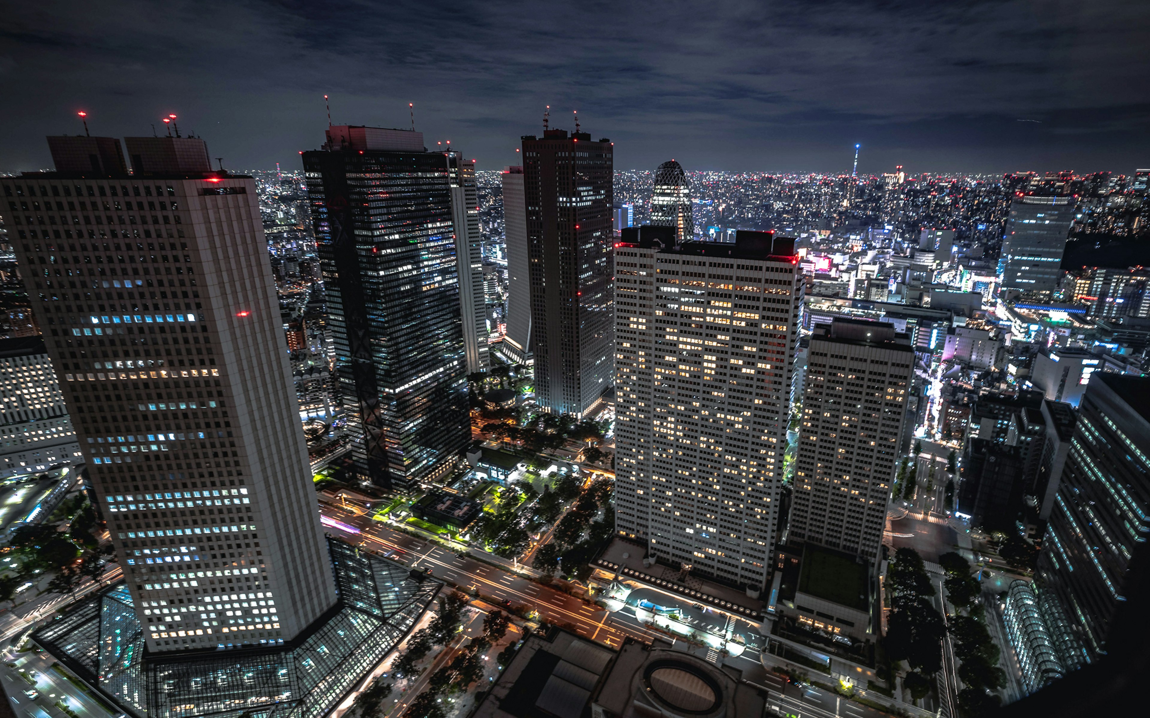 Vista notturna di Tokyo con grattacieli e luci della città