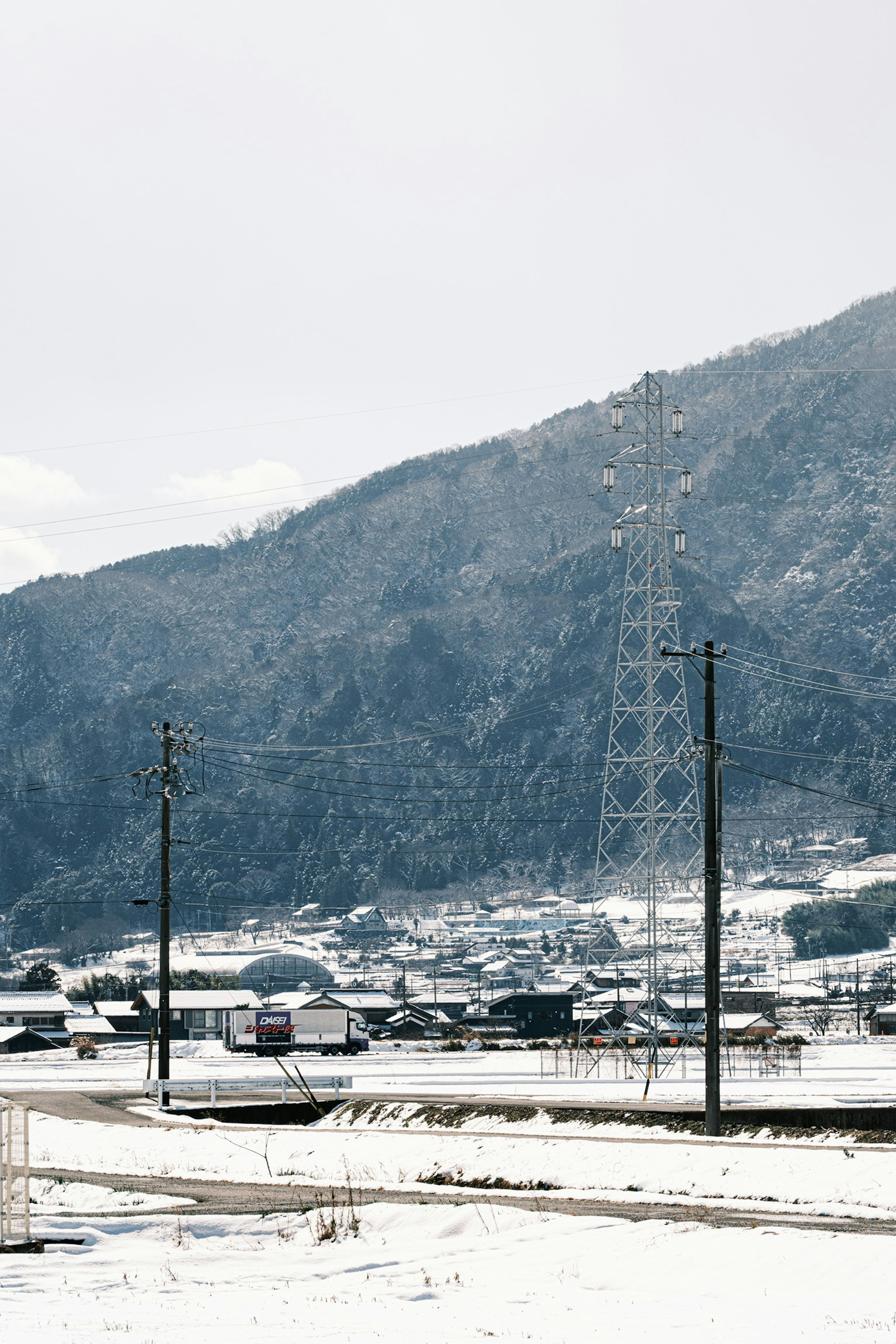 Montagne innevate con linee elettriche e case