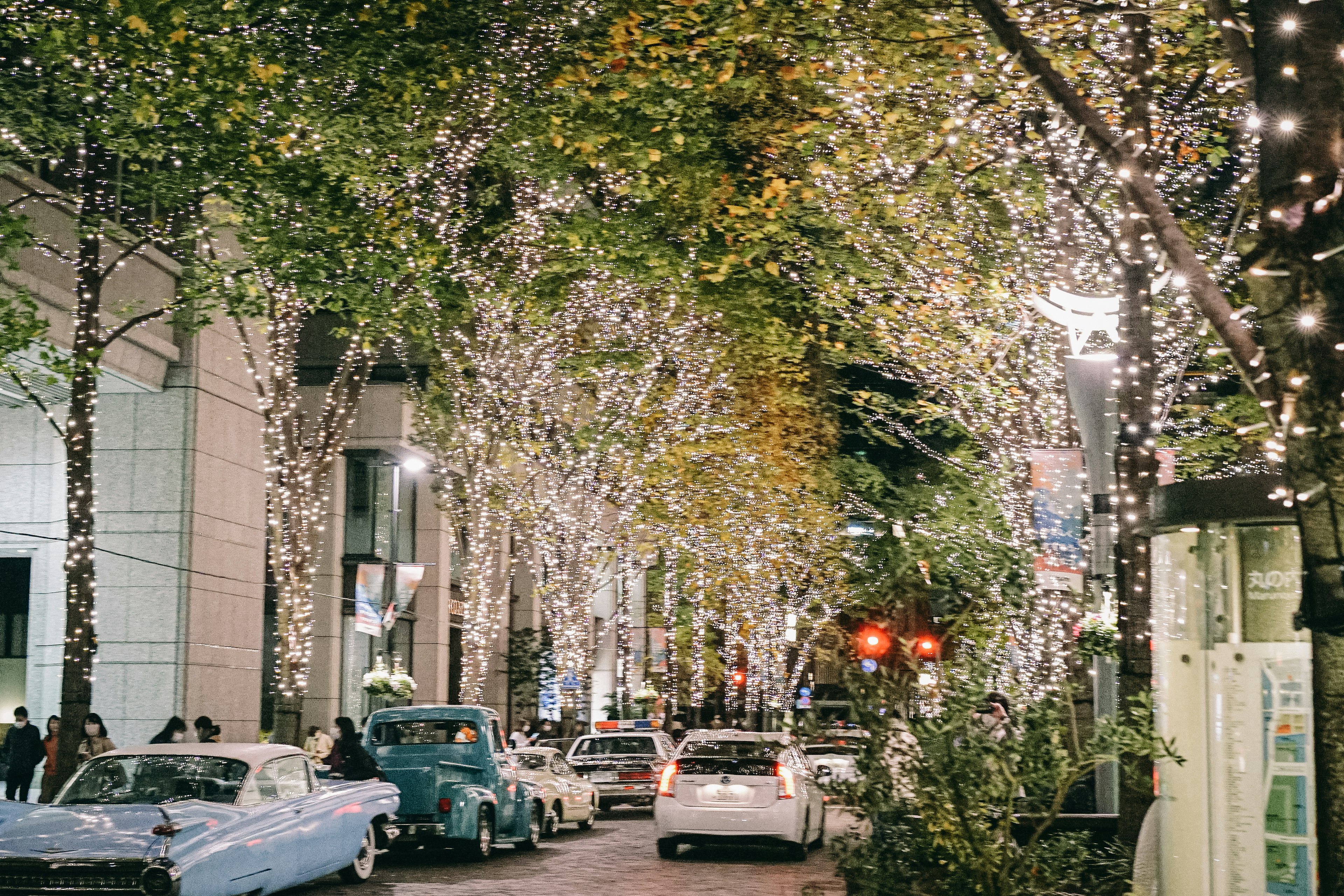 A lively street adorned with bright lights on trees and vintage cars parked along the road